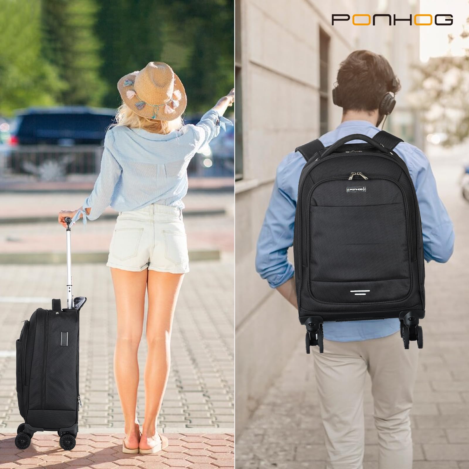**15.6 Inch Rolling Backpack with 4 Spinner Wheels - Wheeled Laptop Backpack for Travel, Business & College | Carry-On Luggage for Men & Women | Perfect for Overnight Trips, Work & School (Black)**    *(Use Cases: Ideal for business travelers, students, commuters, and weekend getaways – fits under airplane seats and in overhead compartments.)*