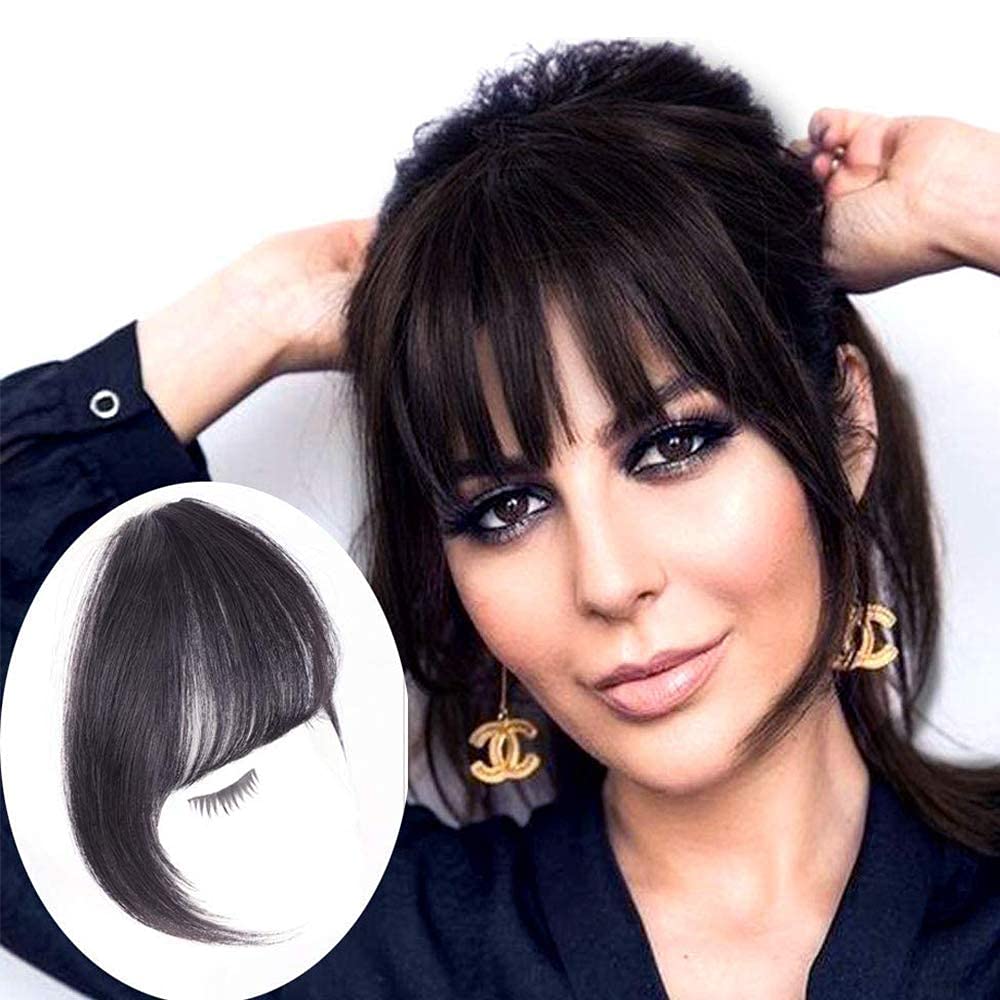 Ekan Clip On Hair Bangs - Natural Dark Brown Front Hair Fringe Extension Wig Band Headband for Women & Girls | Perfect for Cosplay, Costume Parties & Daily Styling