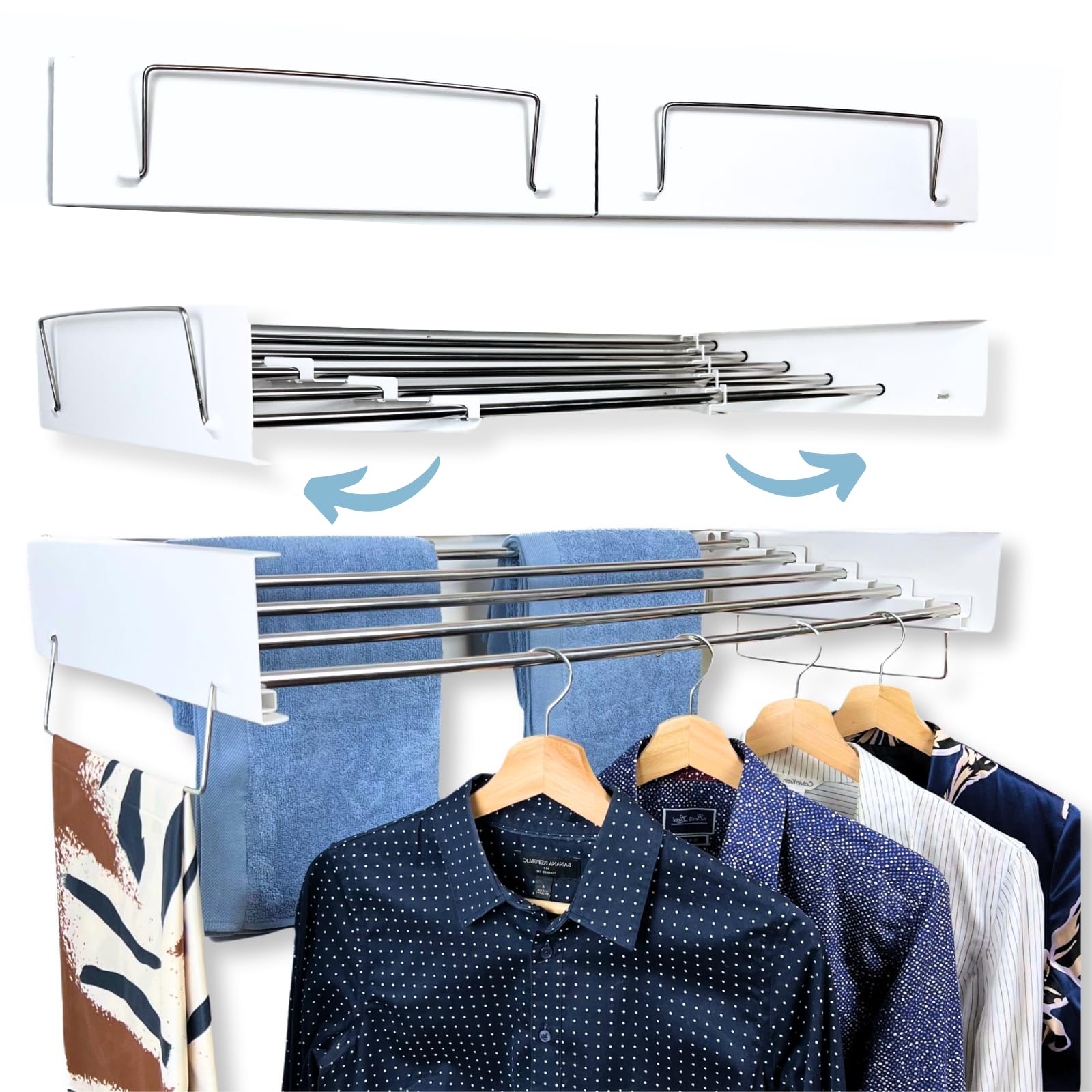 Wall Mounted Drying Rack - Space Saving Foldable Laundry Rack with 5 Stainless Steel Rods, Wall Template & 2 Hanger Supports (31.5