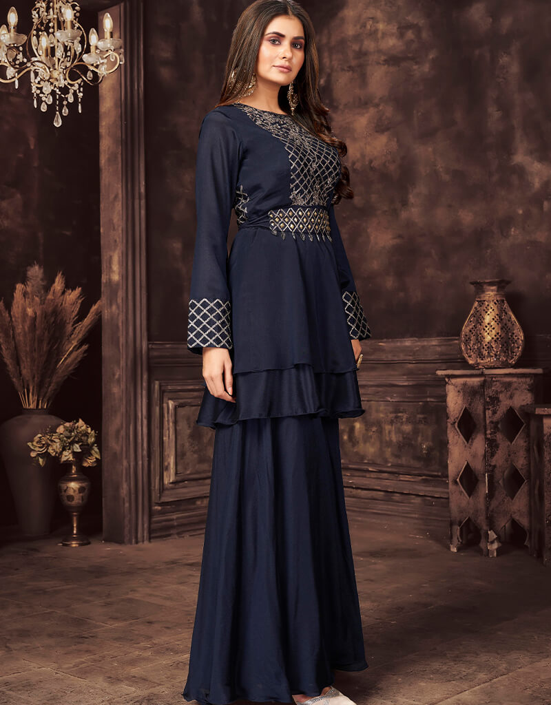 Elegant Blue Chinon Sharara Suit for Women | Pakistani Ethnic Party Wear | Perfect for Weddings, Festivals & Special Occasions