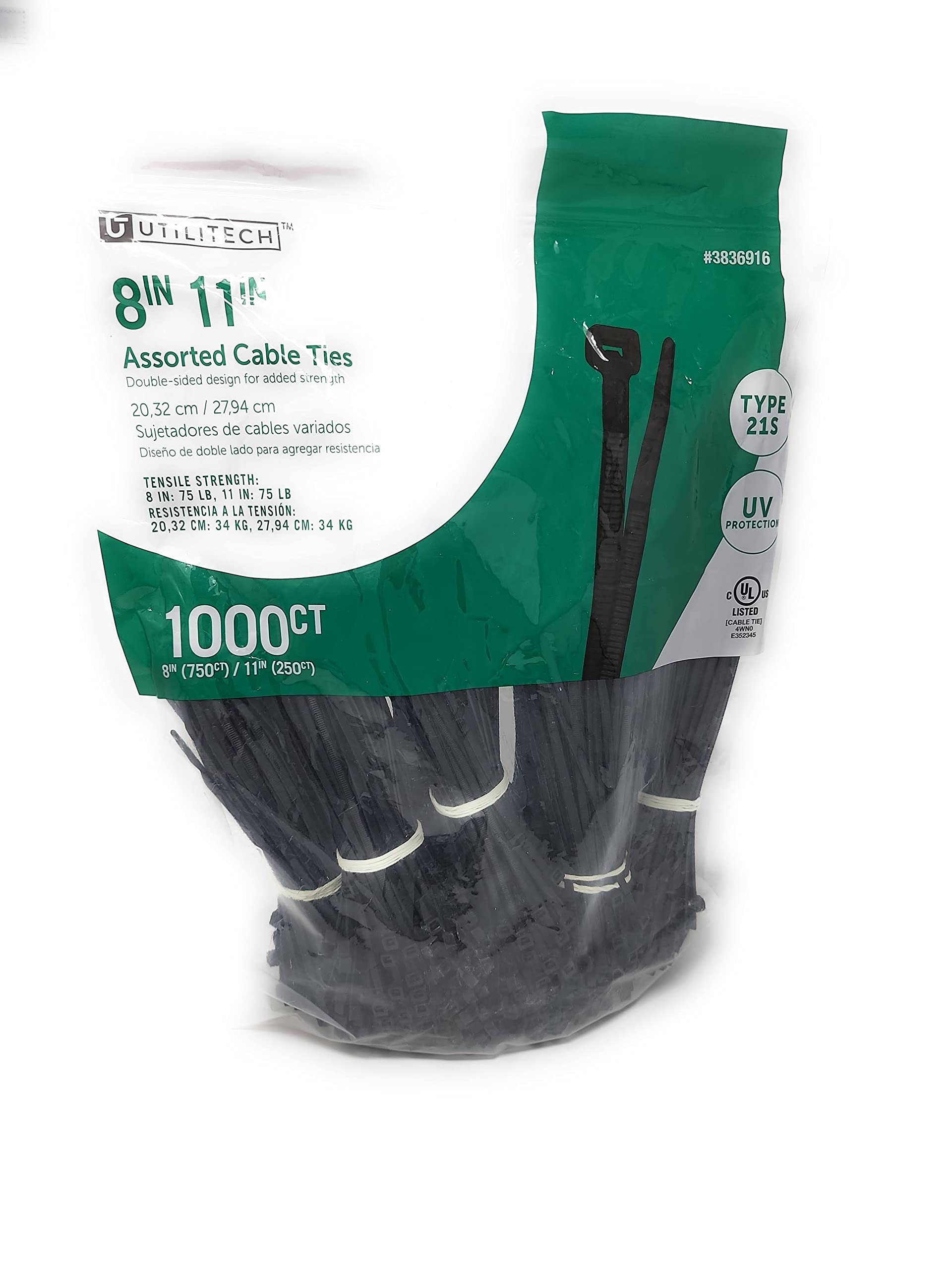 Utilitech 1000-Piece Heavy Duty UV Resistant Cable Zip Ties - 8 Inch (750pcs) & 11 Inch (250pcs) - 75lb Tensile Strength - Bulk Assorted Zip Ties for Outdoor Wiring, Gardening, DIY Projects & Home Organization