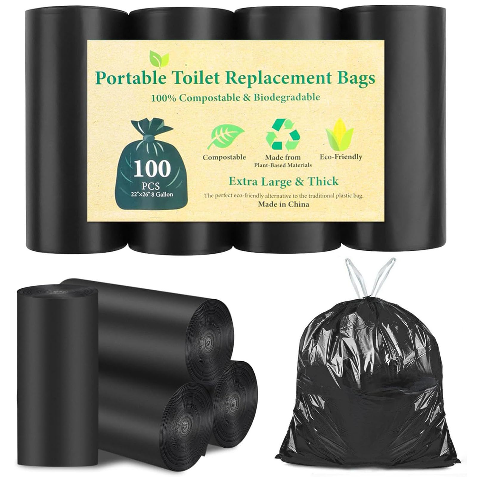100 PCS Biodegradable Portable Toilet Bags for Camping & Outdoor - 8 Gallon Thickened Waste Bags for 5 Gallon Bucket Toilets, Compostable Drawstring Toilet Bags for Adults (100 Count) - Perfect for RV Trips, Hiking, Emergency Preparedness & Outdoor Adventures