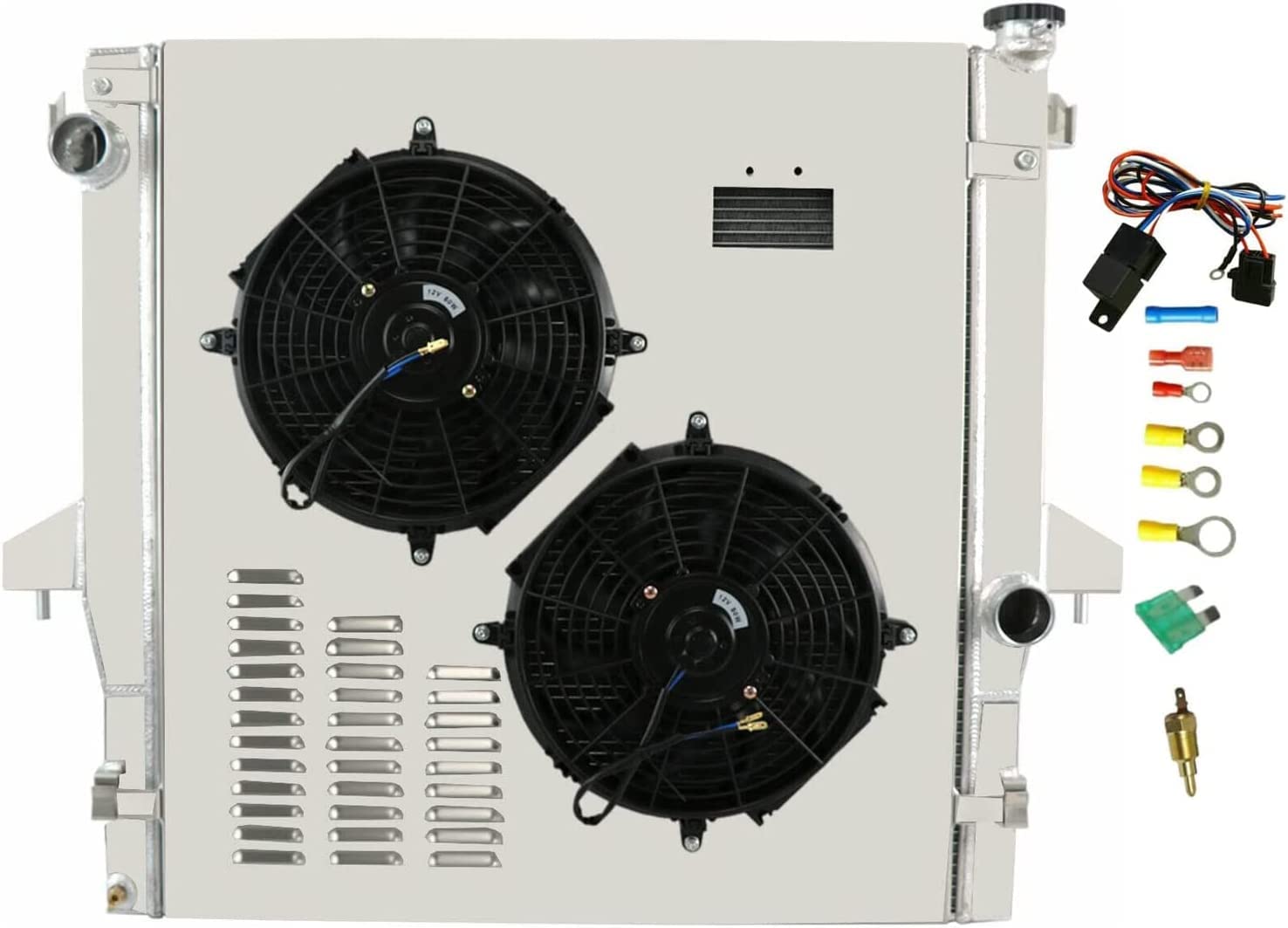 34mm Aluminum Radiator with Electric Fan Shroud & Thermostat Kit - Replacement for 2003-2009 Dodge Ram 2500/3500 & 2008-2010 Ram 4500/5500 - Fits 5.9L & 6.7L Cummins Diesel Engines - 2 Row Core Cooling System - Perfect for Towing, Off-Road & Heavy-Duty Use