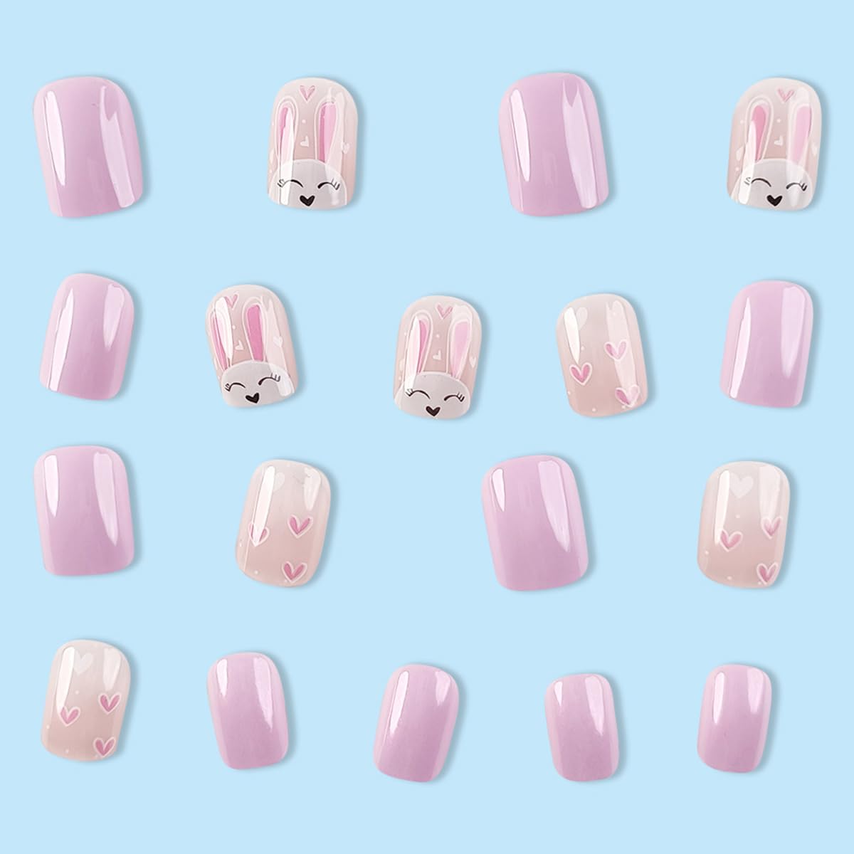 Easter Press on Nails Short Square Fake Nails - 24Pcs Bunny Rabbit Love Heart Design Acrylic Nail Kit | Pink & White Glue on Nails for Easter Party, Spring Nail Art, Holiday Manicure Decorations