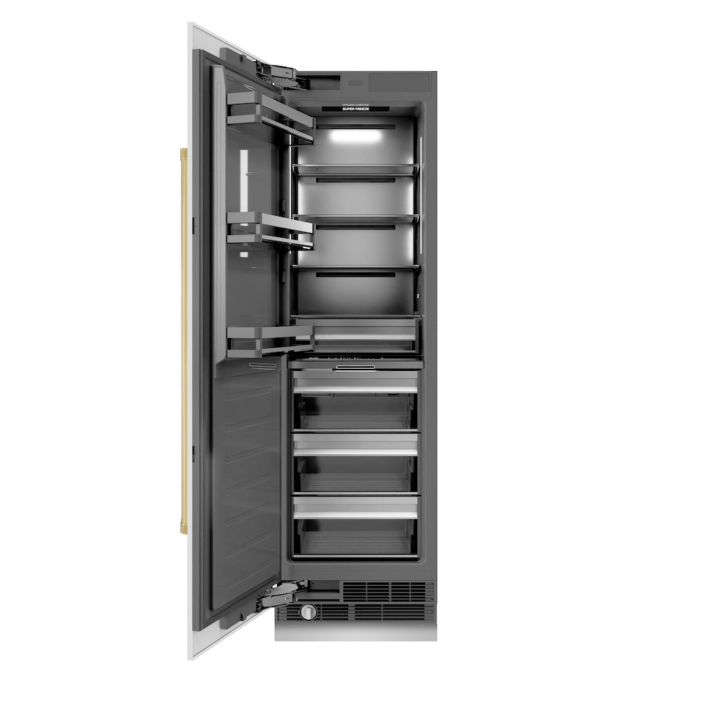 ZLINE Autograph Edition 24 Inch 12.4 Cubic Feet Column Freezer - White Matte Exterior with Graphite Gray Interior & Polished Gold Accents (RCFVZ WM 24 G) | Perfect for Home Kitchen, Basement Storage & Commercial Use