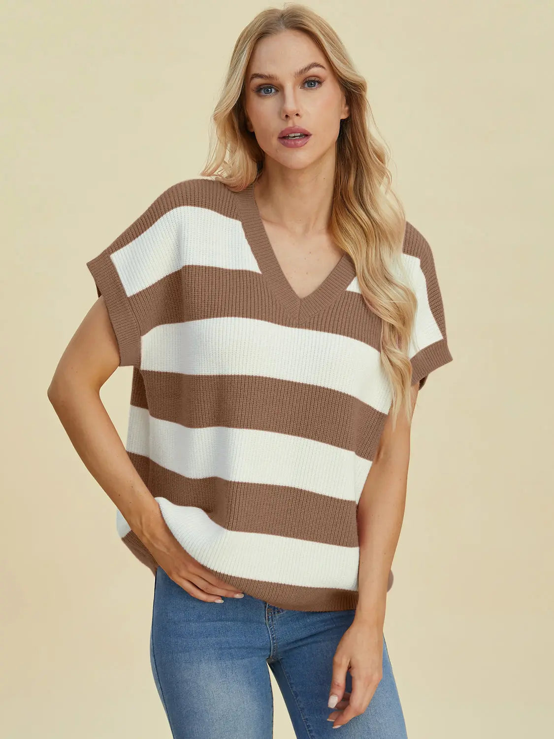 Double Take Full Size Striped V Neck Short Sleeve Sweater for Women - Soft Knit Pullover Casual Top for Spring & Summer Outfits | Office Wear, Date Night, Weekend Brunch