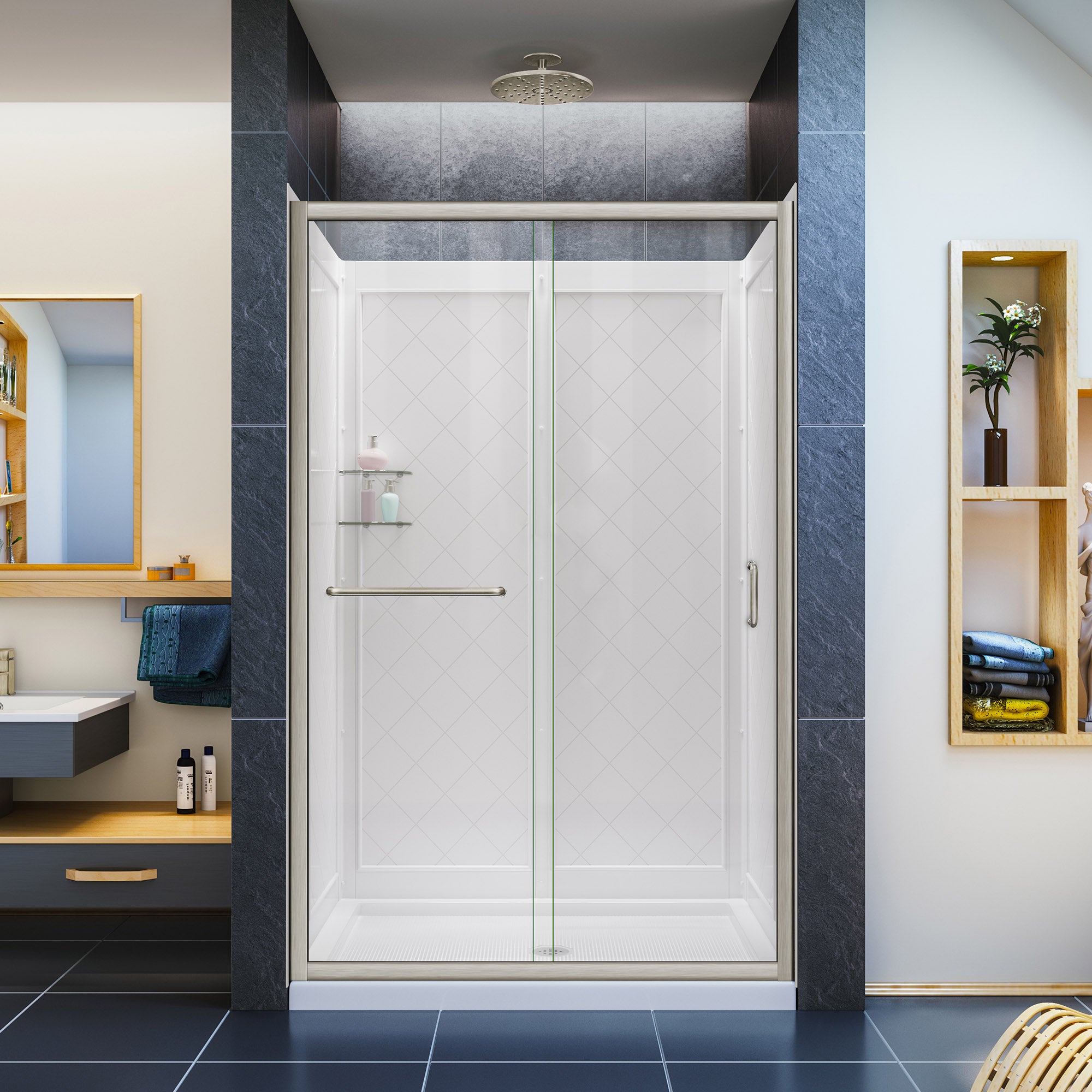 DreamLine Infinity Z 36x48x76.75 Inch Semi-Frameless Sliding Shower Door Kit with Clear Glass & Q WALL 5 Backwall - Modern Bathroom Upgrade for Small Spaces & Luxury Homes