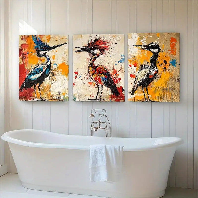 3-Piece Abstract Bird Metal Wall Art with Vibrant Feathers & Bold Brushstrokes - Ready to Hang Canvas Prints for Living Room, Bedroom & Office Decor