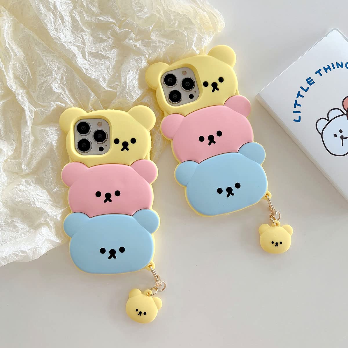 Cute 3D Silicone Bear Phone Case for iPhone 13 - Kawaii Cartoon Design with Keychain, Soft Rubber Shockproof Protective Cover for Women & Girls | Perfect for Everyday Use, School, Work, and Travel