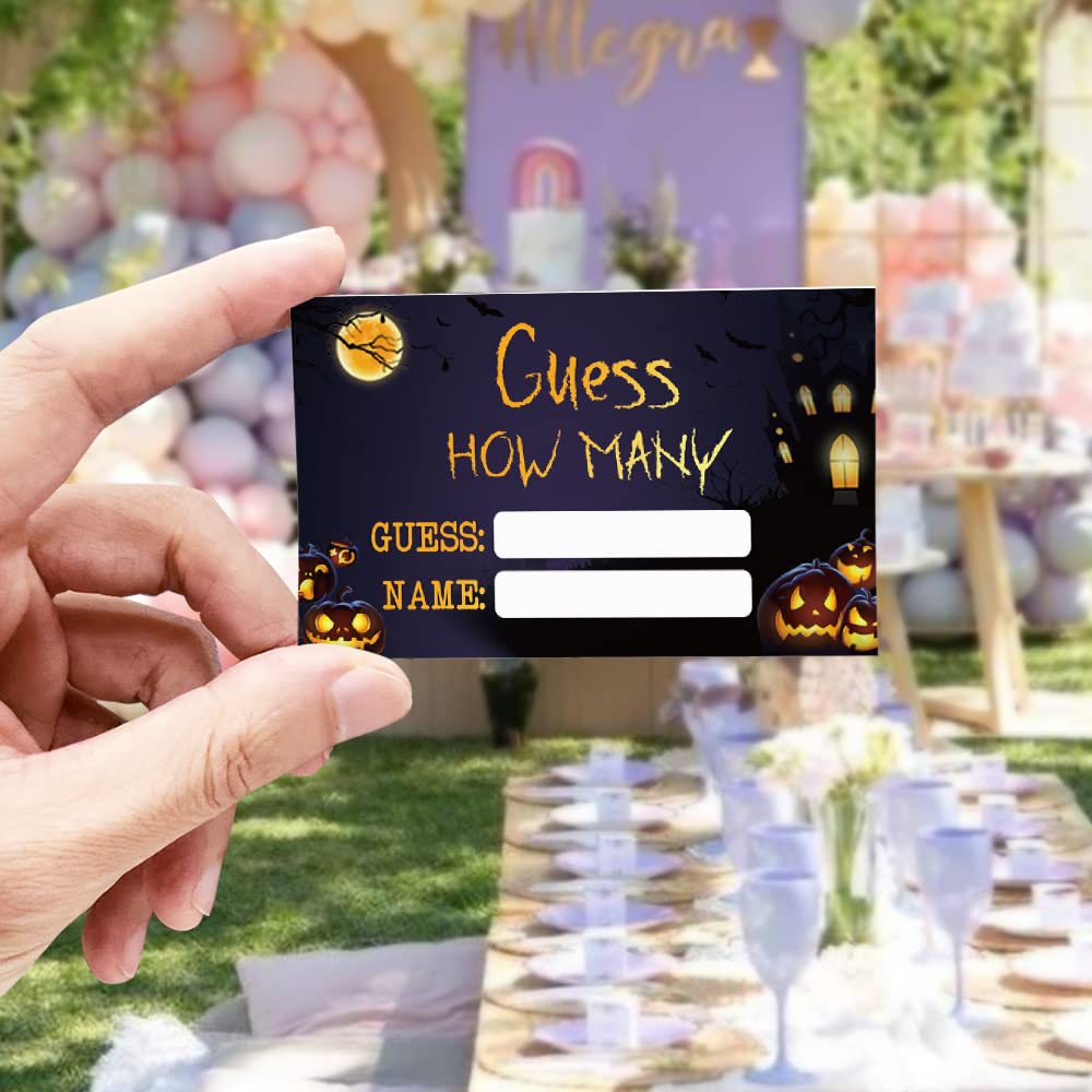 Halloween Guess How Many Candies Game Kit - 50 Fun Pumpkin Party Guessing Cards with Standing Sign - Perfect for Trick or Treat, Fall Festival Decorations & Spooky Party Activities