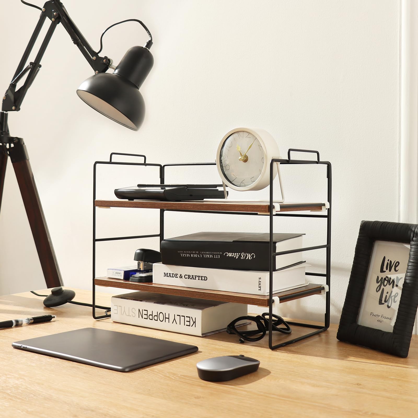 Premium Wooden Desk Organizer - 2-Tier Adjustable Stackable Desktop Shelf for Office Supplies, Books & Decor | Space-Saving Storage Solution for Home Office, Kitchen Counter & Bathroom | 15.75