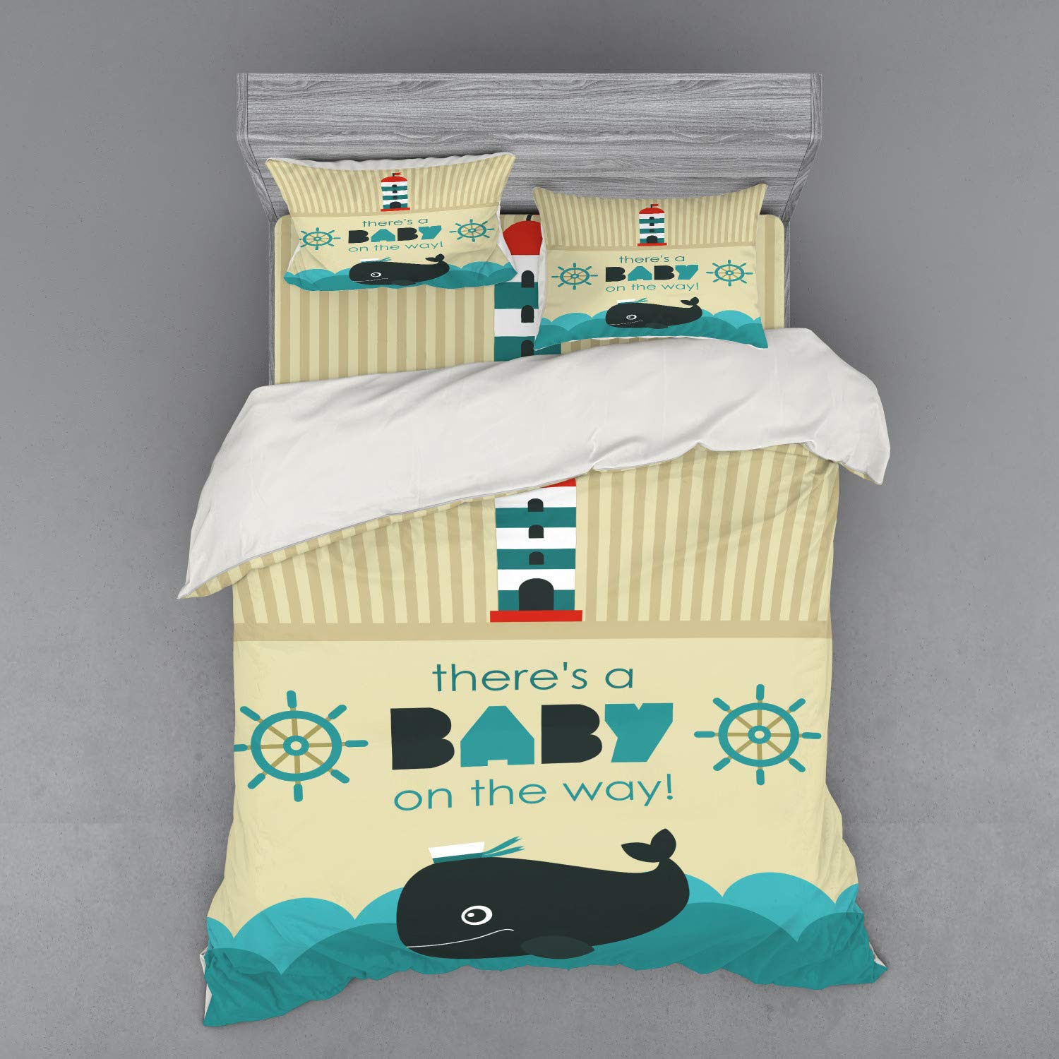 Ambesonne Gender Reveal Party Bedding Set - 'Little One on The Way' Marine Theme with Dolphin & Ship Wheel - 3 Piece Duvet Cover Set with Pillow Sham & Fitted Sheet - Queen Size Dark Blue Khaki Teal - Perfect for Baby Showers & Nursery Decor