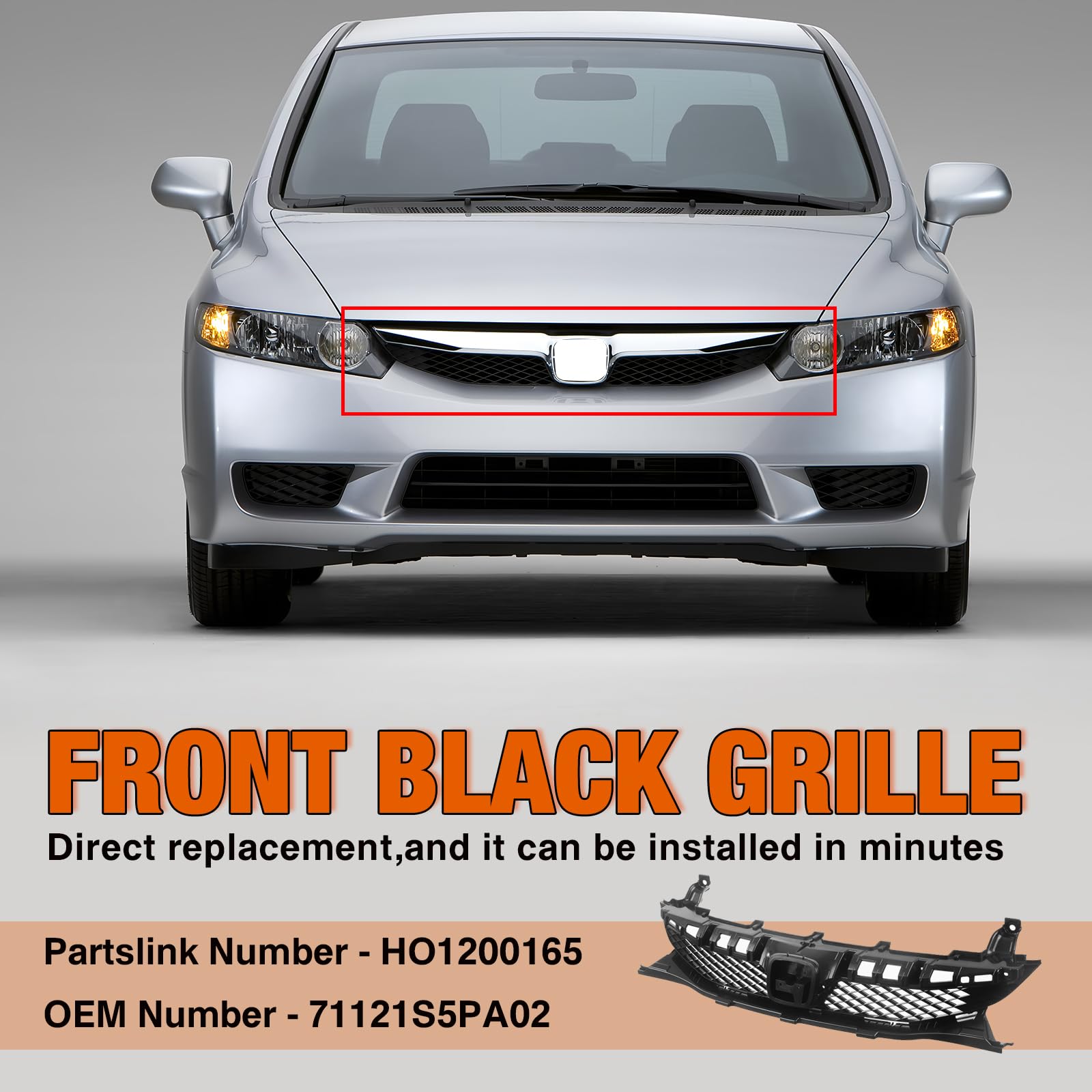 2009-2011 Honda Civic Sedan Front Black Grille Assembly with Honeycomb Insert & Emblem Provision - HO1200198 | CarPartsDepot | Perfect for Car Upgrades & Replacement Parts