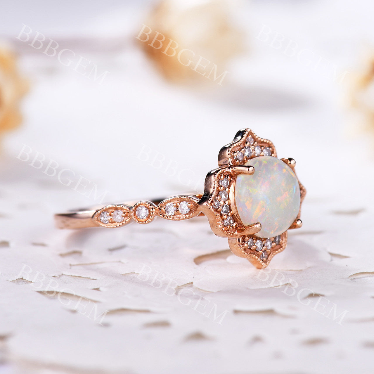 Vintage 1.2CT White Fire Opal Engagement Ring with Diamond Halo in Rose Gold - Perfect for Proposals, Anniversaries & Special Occasions
