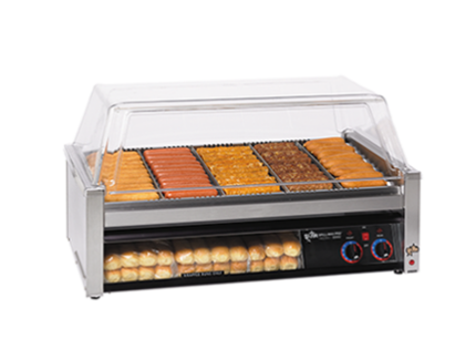 Grill Max® 50SCBBC Commercial Roller Grill with Built-In Clear Bun Drawer | Duratec Stainless Steel Rollers & Analog Controls | Perfect for Hot Dogs, Sausages & Sandwiches in Restaurants, Convenience Stores & Food Trucks