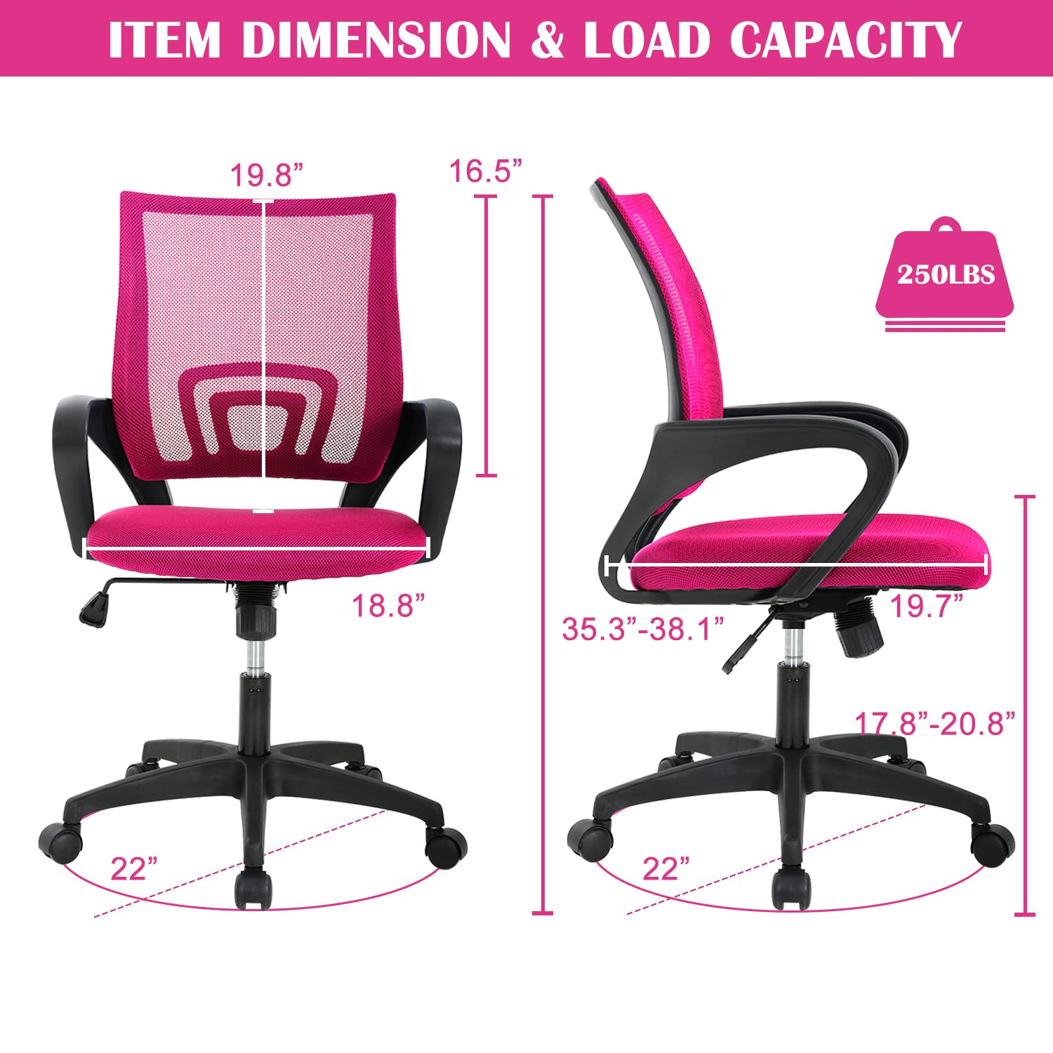 Ergonomic Pink Office Chair with Lumbar Support & Adjustable Armrests - Mesh Back Computer Desk Chair for Women, Mid Back Executive Task Chair with Rolling Swivel Base - Perfect for Home Office, Gaming Setup, and Kids Study Desk