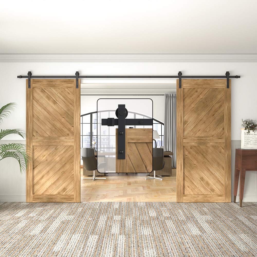 **WINSOON 12FT Sliding Barn Door Hardware Kit - Antique Black Finish for Double Doors (144
