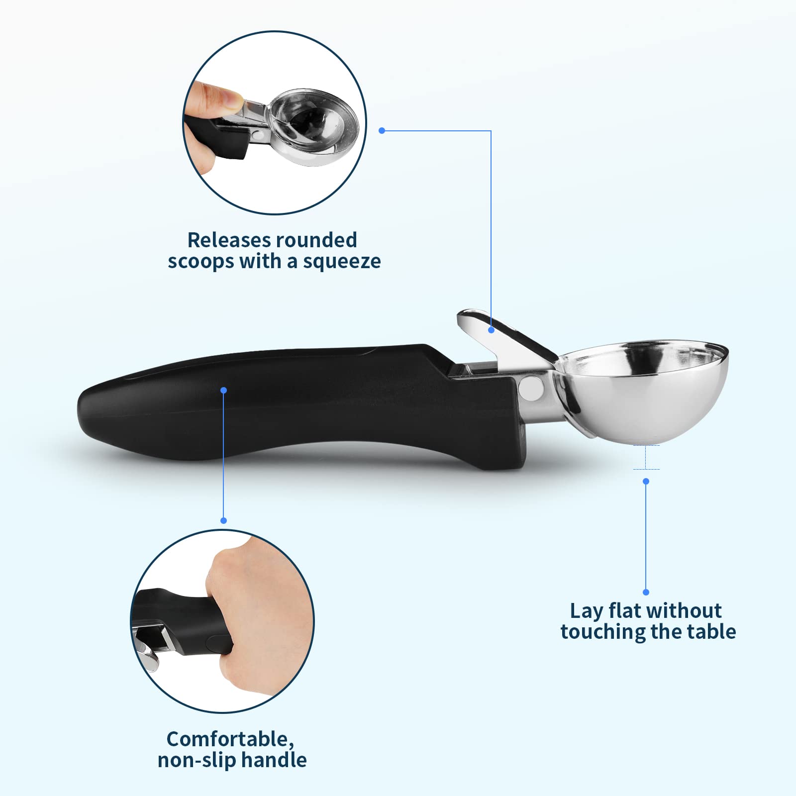 Premium Ice Cream Scoop & Cookie Dough Scooper - Heavy Duty Stainless Steel with Ergonomic Soft Grip Handle - Perfect for Baking, Ice Cream Parlors, Home Kitchens (Black) - Ideal for Scooping Ice Cream, Cookie Dough, Cupcakes, Protein Balls & Meatballs