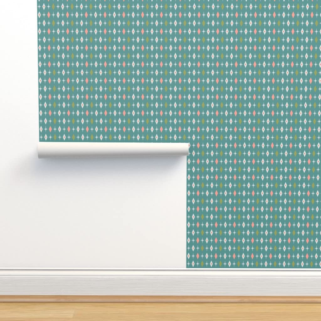 Peel & Stick Wallpaper 12ft x 2ft - Mid Century Modern Diamond Blue Vintage Retro Pink Custom Removable Wallpaper by Spoonflower - Perfect for Bedroom, Living Room & Home Office Decor