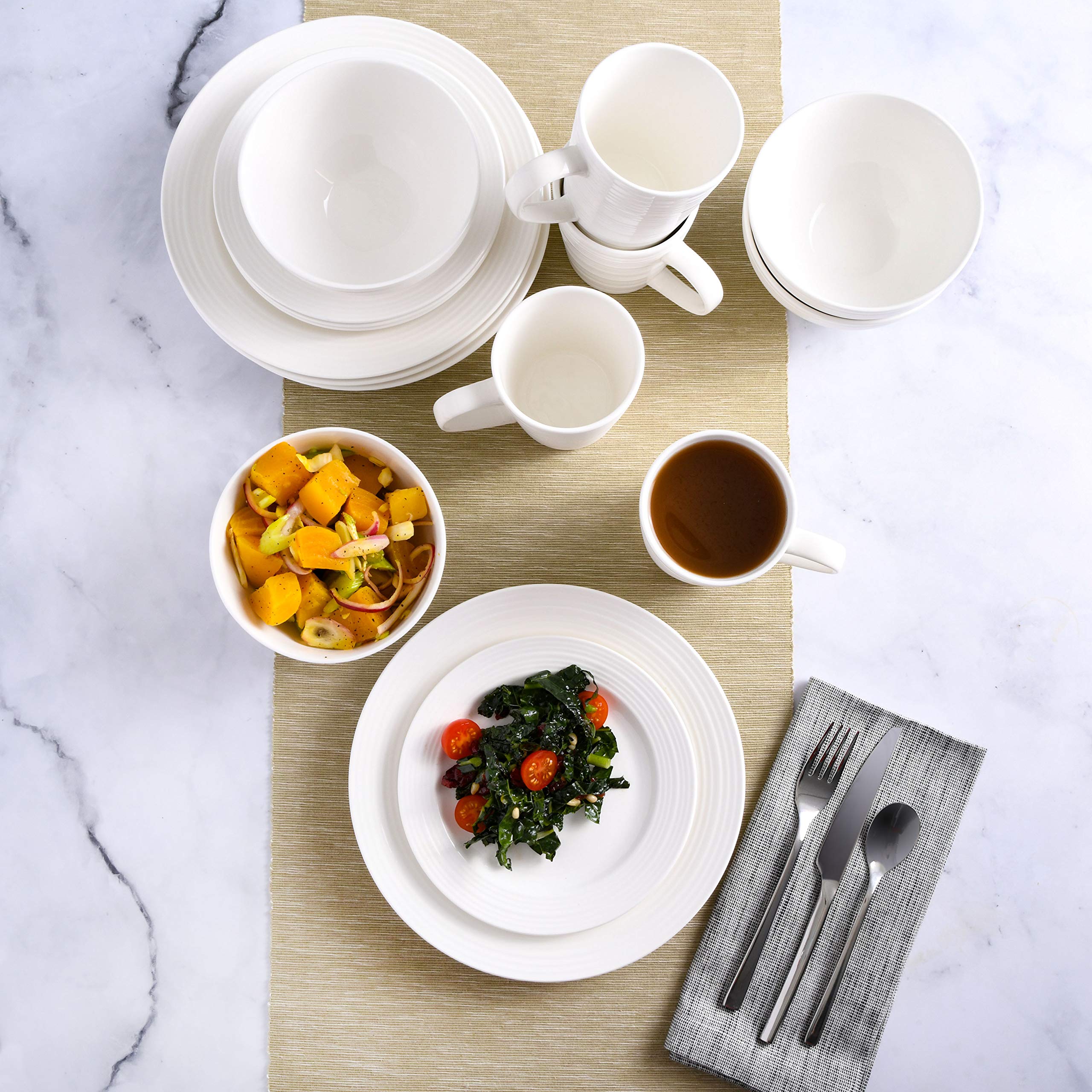 Gibson Home Amelia Court 16-Piece Dinnerware Set - White Porcelain Dinner Plates, Salad Plates, Bowls & Mugs - Elegant Tableware for Everyday Dining, Dinner Parties & Holiday Gatherings