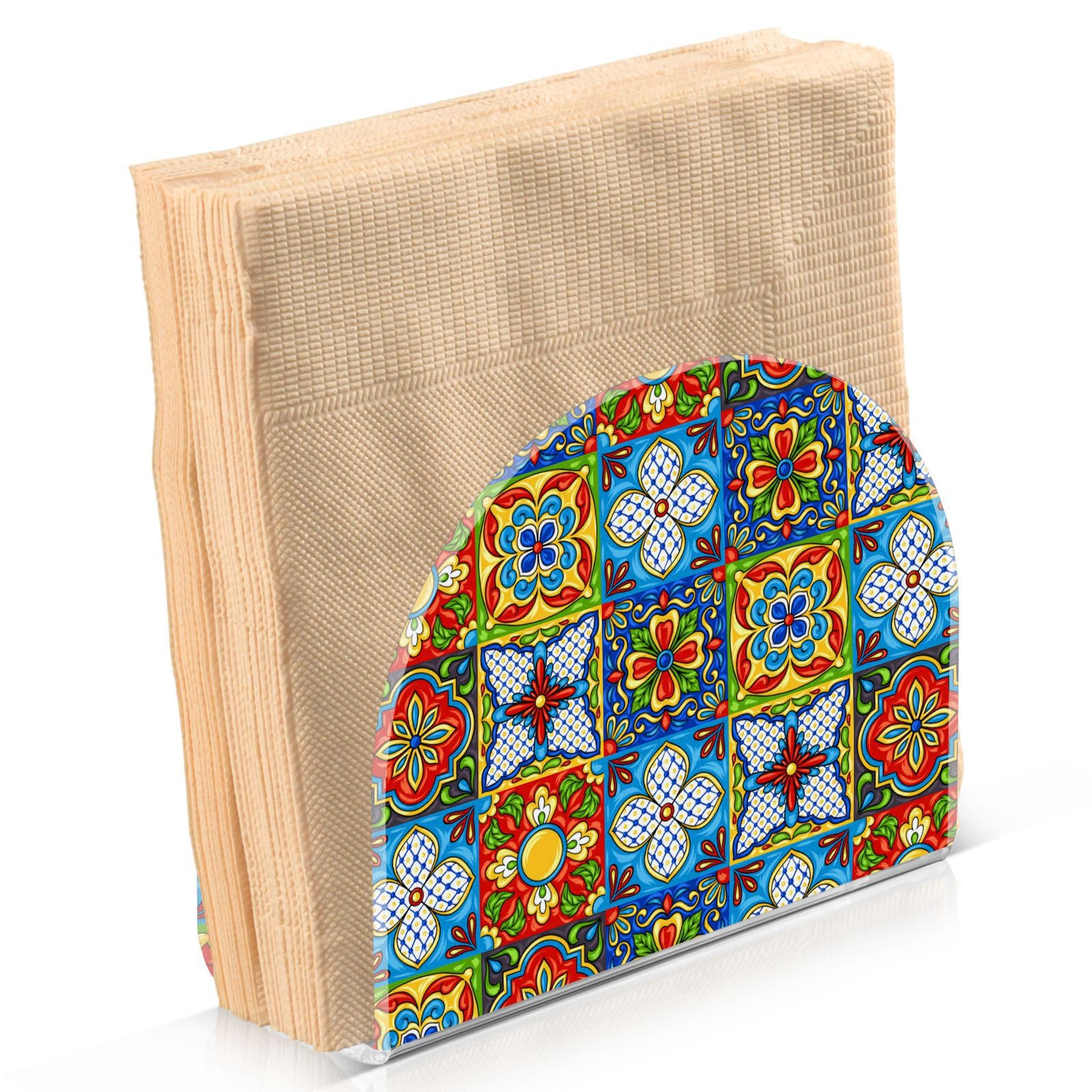 Modern Mexican Talavera Tiles Acrylic Napkin Holder - Stylish Paper Napkins Dispenser for Kitchen, Dining Table & Countertops - Perfect for Home Decor, Parties, and Everyday Use