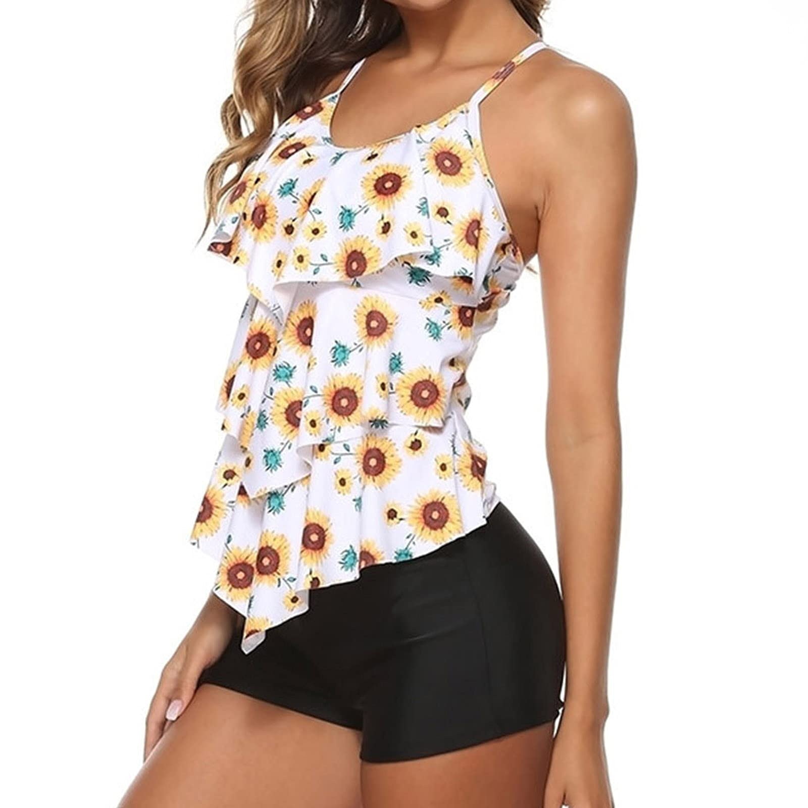 Women's Two Piece Strap Tankini Swimsuits - Ruffle Layered Top with Boyshort Flower Swimwear Set | Beach Vacation, Pool Party, Summer Outfit