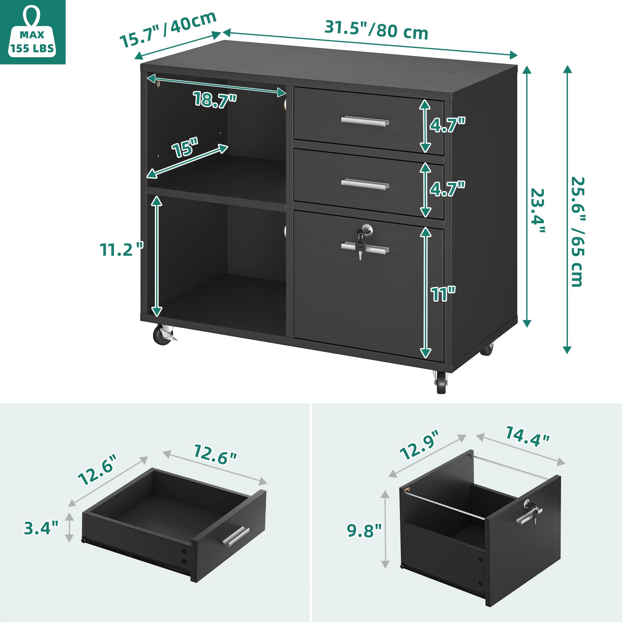 YITAHOME 3-Drawer Wooden File Cabinet with Lock - Mobile Lateral Storage Cabinet & Printer Stand for Home Office Organization - Black Office Furniture - Perfect for Document Storage, Printer Placement & Workspace Organization