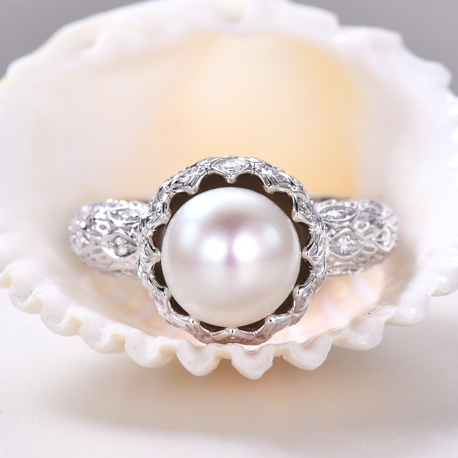 9mm Round Cut Pearl Engagement Ring - Vintage Lotus Diamond White Gold Wedding Band for Brides, Anniversary & Special Occasions