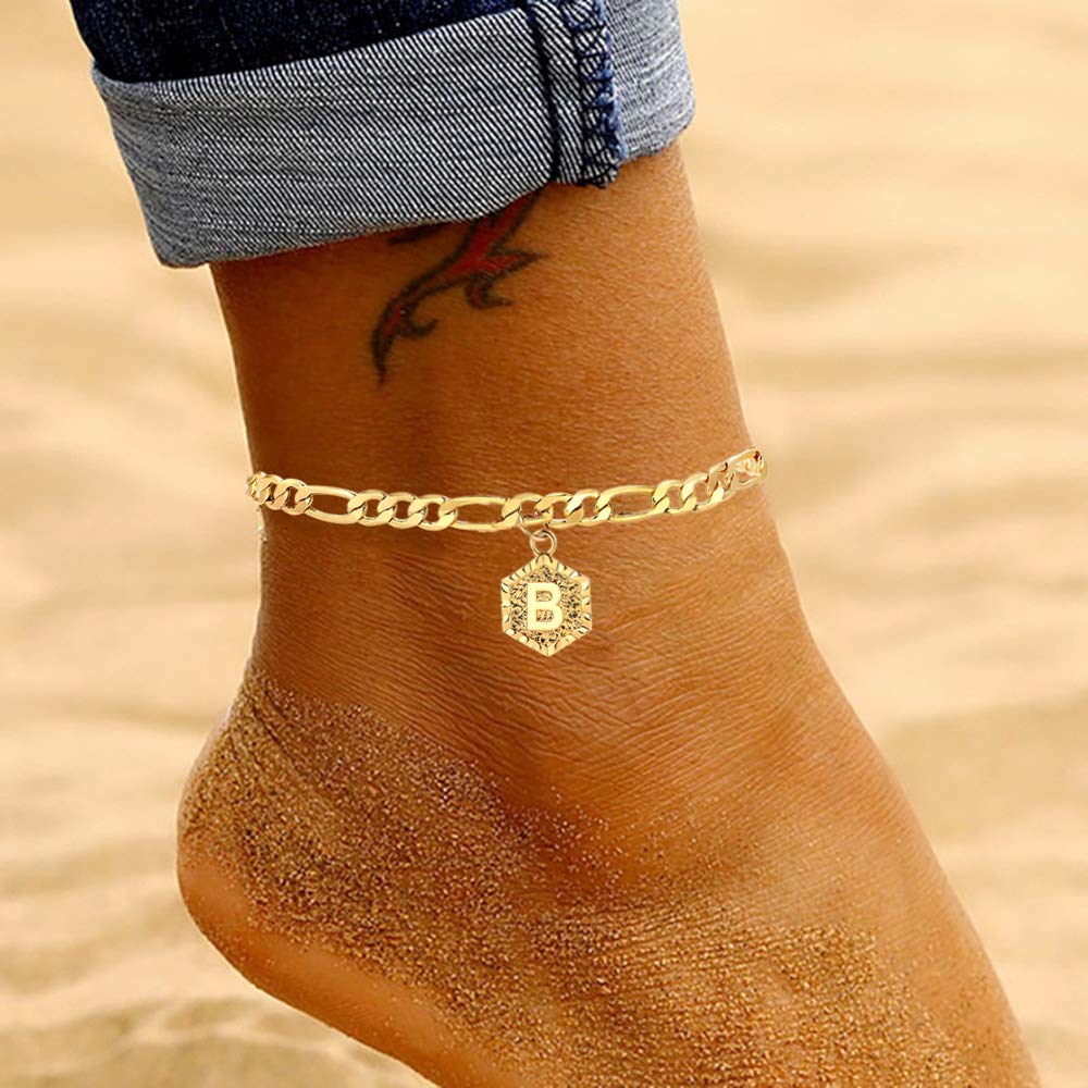 14K Gold Initial Anklet for Women - Dainty Alphabet Letter Cuban Link Ankle Bracelet | Waterproof Barefoot Jewelry | Perfect for Summer, Beach, Wedding & Everyday Wear