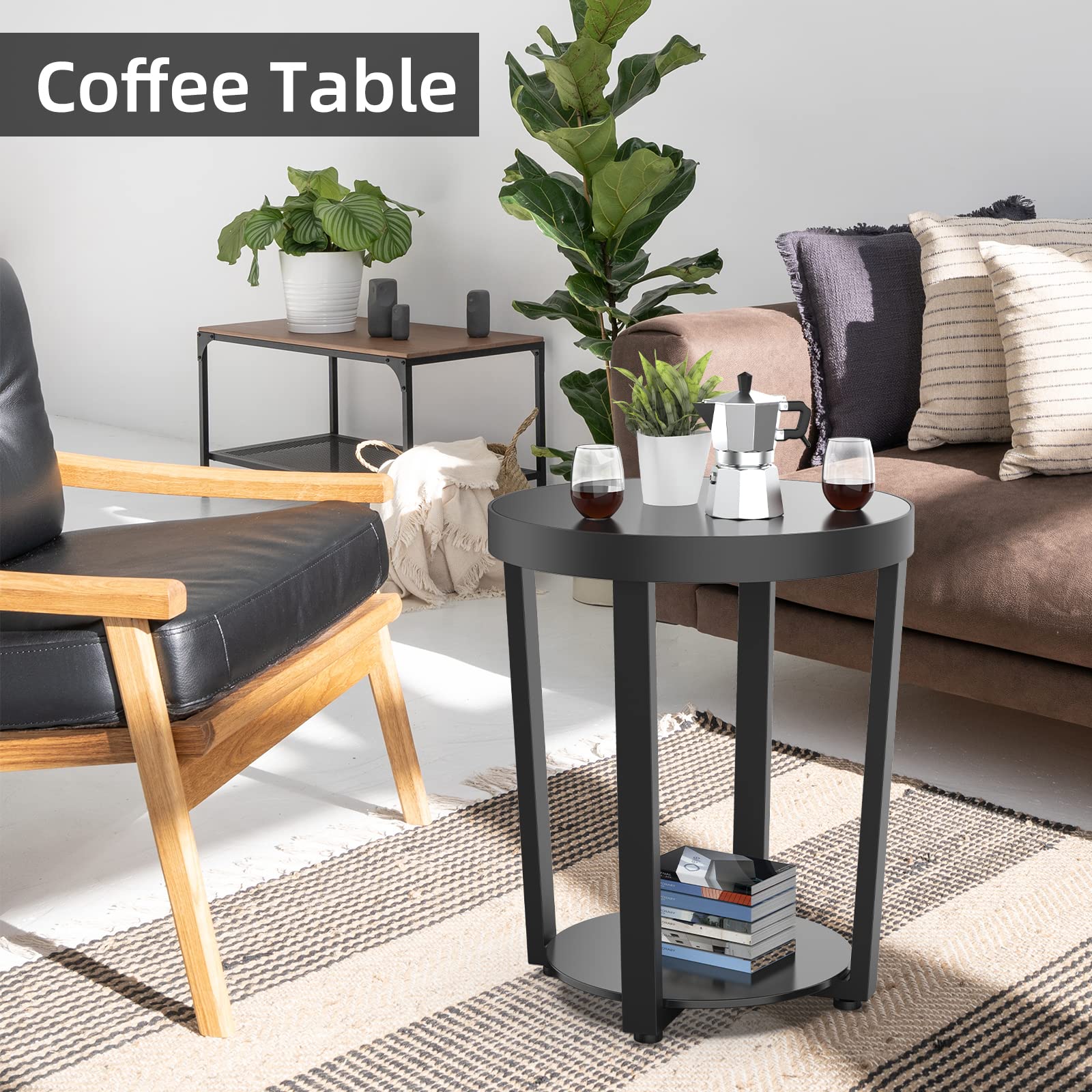 Round End Table with Tempered Glass Top & Metal Frame - Modern Small Coffee Table & Black Sofa Side Table for Living Room, Bedroom, Balcony & Office - Perfect for Drinks, Books & Decor