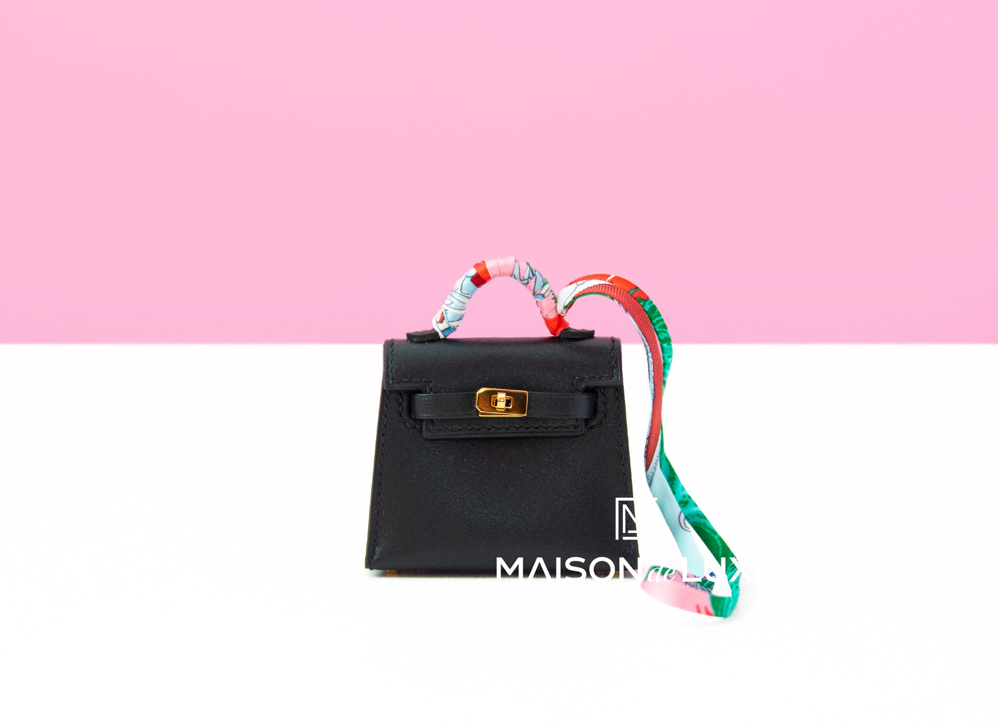 Hermes Noir Black Mini Kelly Twilly Bag Charm - Elegant Scarf Accessory for Handbags, Perfect for Luxury Fashion & Gift Giving