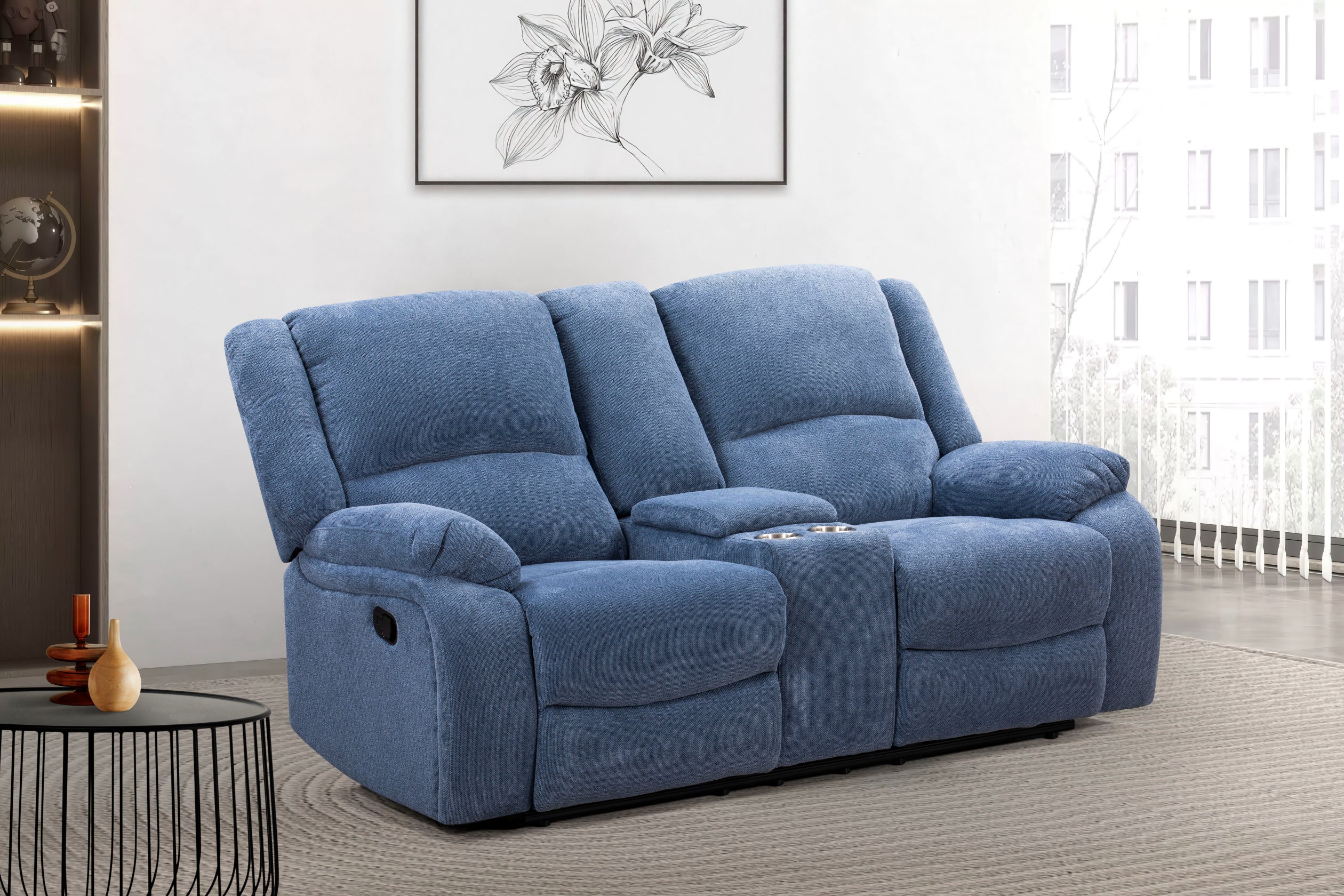 Roundhill Furniture Blitz Transitional Manual Reclining Loveseat with Cup Holders - Comfortable Small Space Recliner for Living Room, Home Theater & Game Room