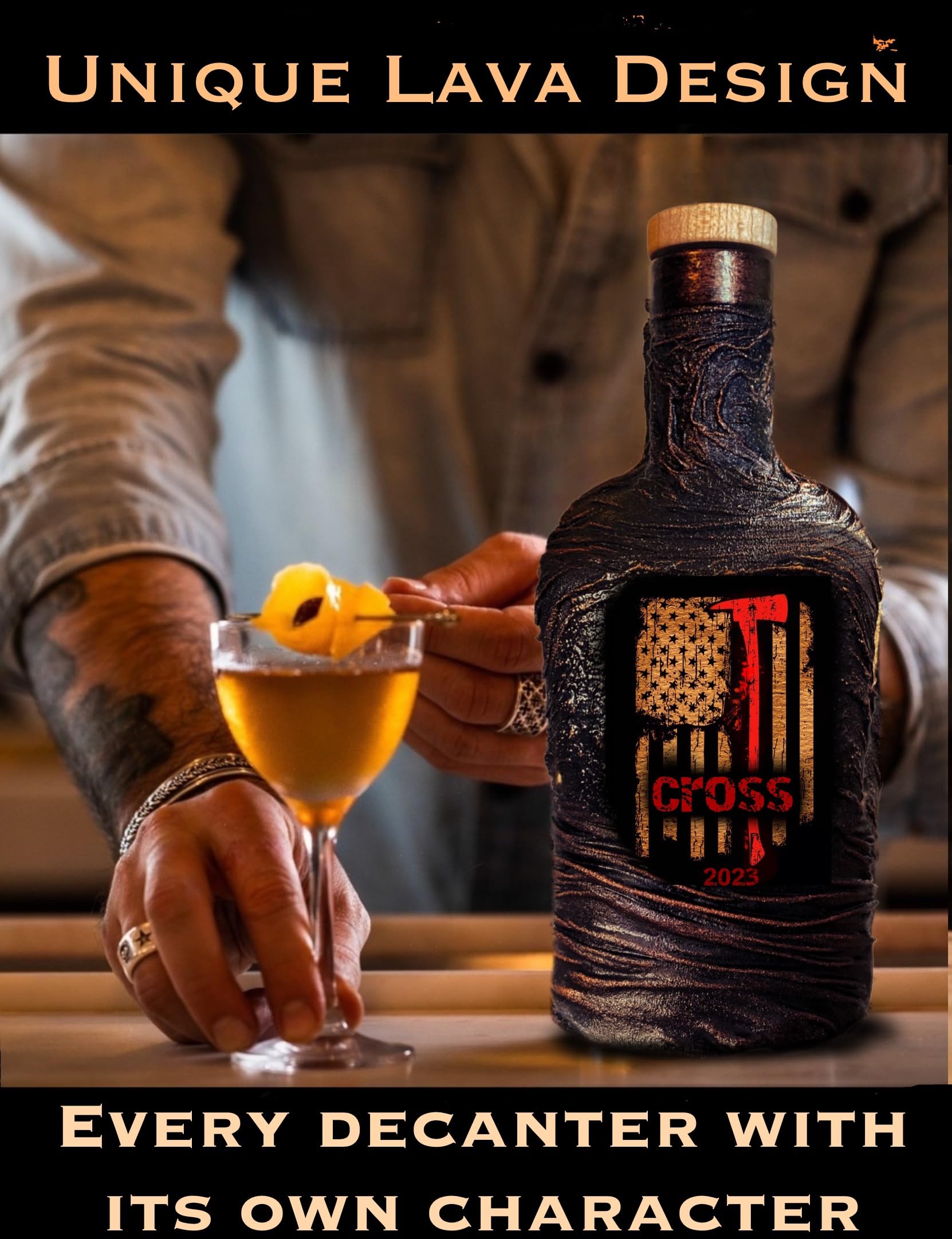 Personalized Firefighter Whiskey Decanter Set with 2 Glasses & Engraved Slate Board - Custom Fireman Axe Design & Thin Red Line USA Flag - Retirement, Anniversary, Graduation Gift for Men - Elegant Gift Box - Perfect for Home Bars, Man Caves & Firefighter Themed Parties