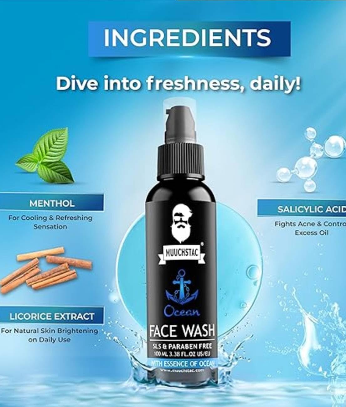 Muuchstac Ocean Face Wash for Men - Acne Fighting, Oil Control & Skin Brightening Cleanser | Deep Cleansing, Refreshing Formula for Clear, Healthy Skin (100 ml) | Perfect for Daily Skincare & Post-Workout Use