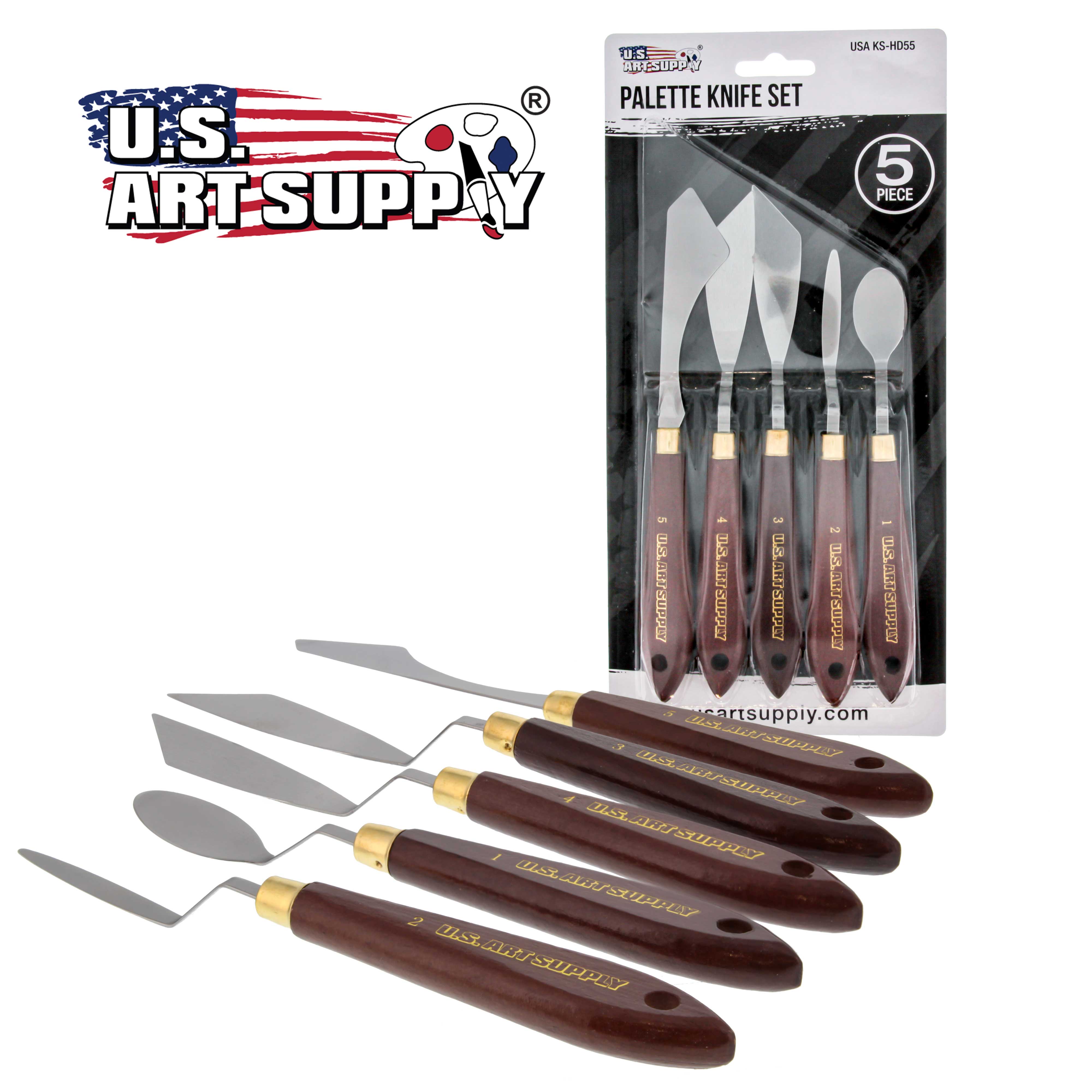 U.S. Art Supply 5-Piece Stainless Steel Artist Palette Knife Set with Wooden Handles - Perfect for Mixing, Spreading & Applying Oil & Acrylic Paints on Canvas - Ideal for Professional Artists & Painting Enthusiasts