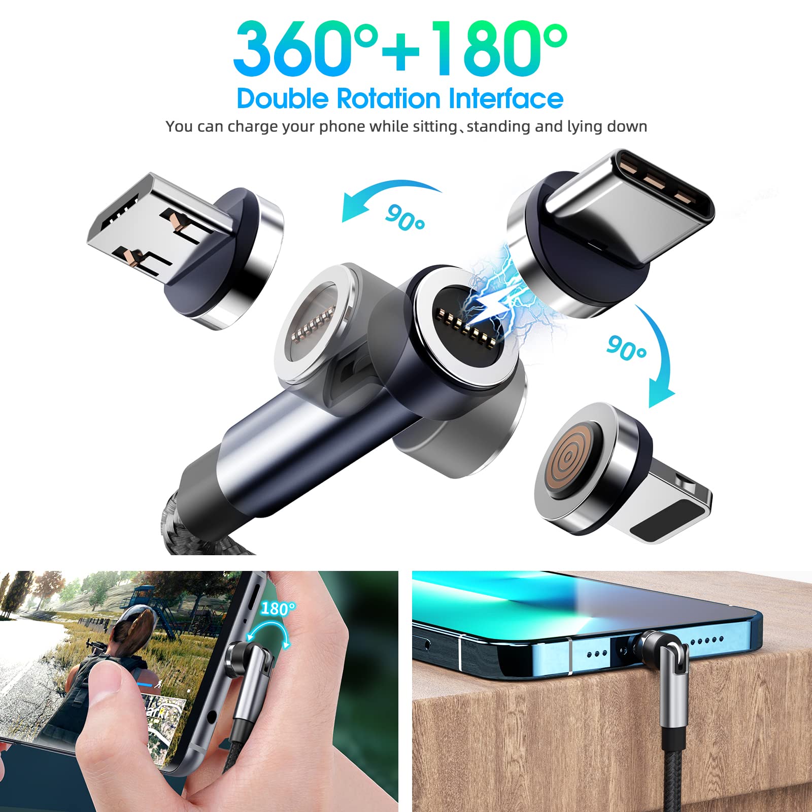 Ankndo 5-in-1 Magnetic Charging Cable Set [4-Pack with 3ft/3ft/6ft/10ft] - 540° Rotating Fast Charger for iPhone, Android, USB-C & Micro USB Devices | Perfect for Home, Office & Travel Charging