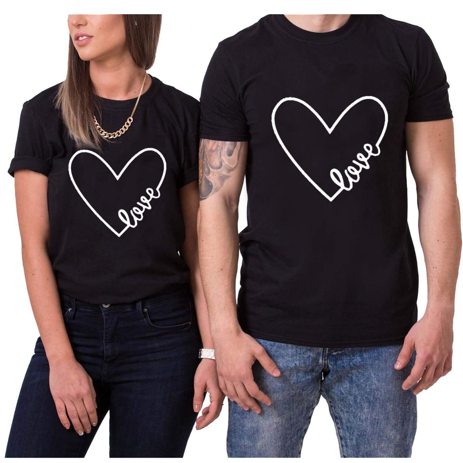 Matching Couple Black T-Shirts for Men & Women - Heart Print Graphic Tees, Slim Fit Short Sleeve Casual Tops - Perfect for Valentine's Day, Anniversary Gifts & Couple Outfits