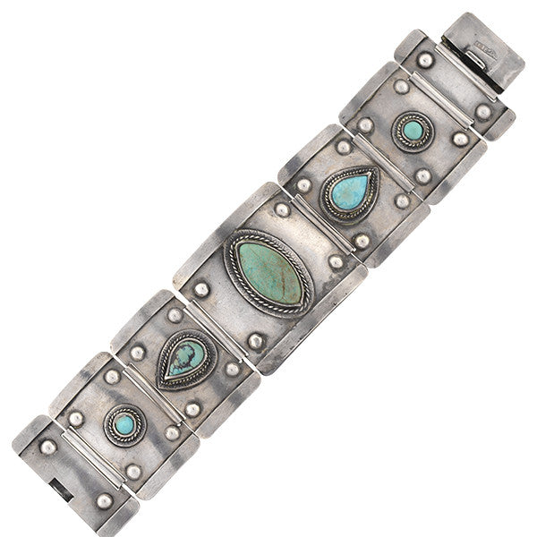 Vintage Mexican Sterling Silver & Turquoise Link Bracelet - Handmade Boho Jewelry for Women - Perfect for Festivals, Parties & Everyday Wear