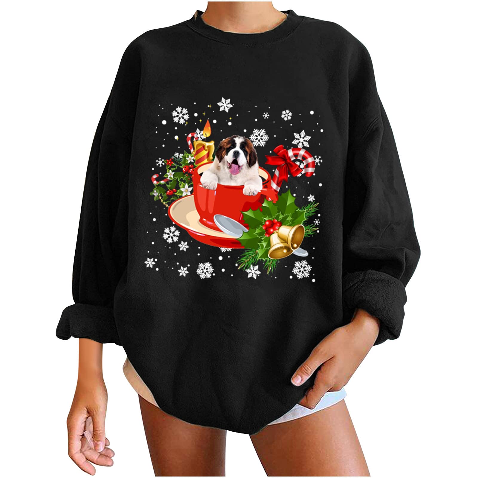 Homlpope Women's Graphic Sweatshirt - Loose Fit Winter Fall Pullover for Gym, Sports & Casual Wear | Christmas Holiday Vacation Outfit | Cozy Fleece Long Sleeve Top for Women | Perfect for Workouts, Lounging & Seasonal Festivities