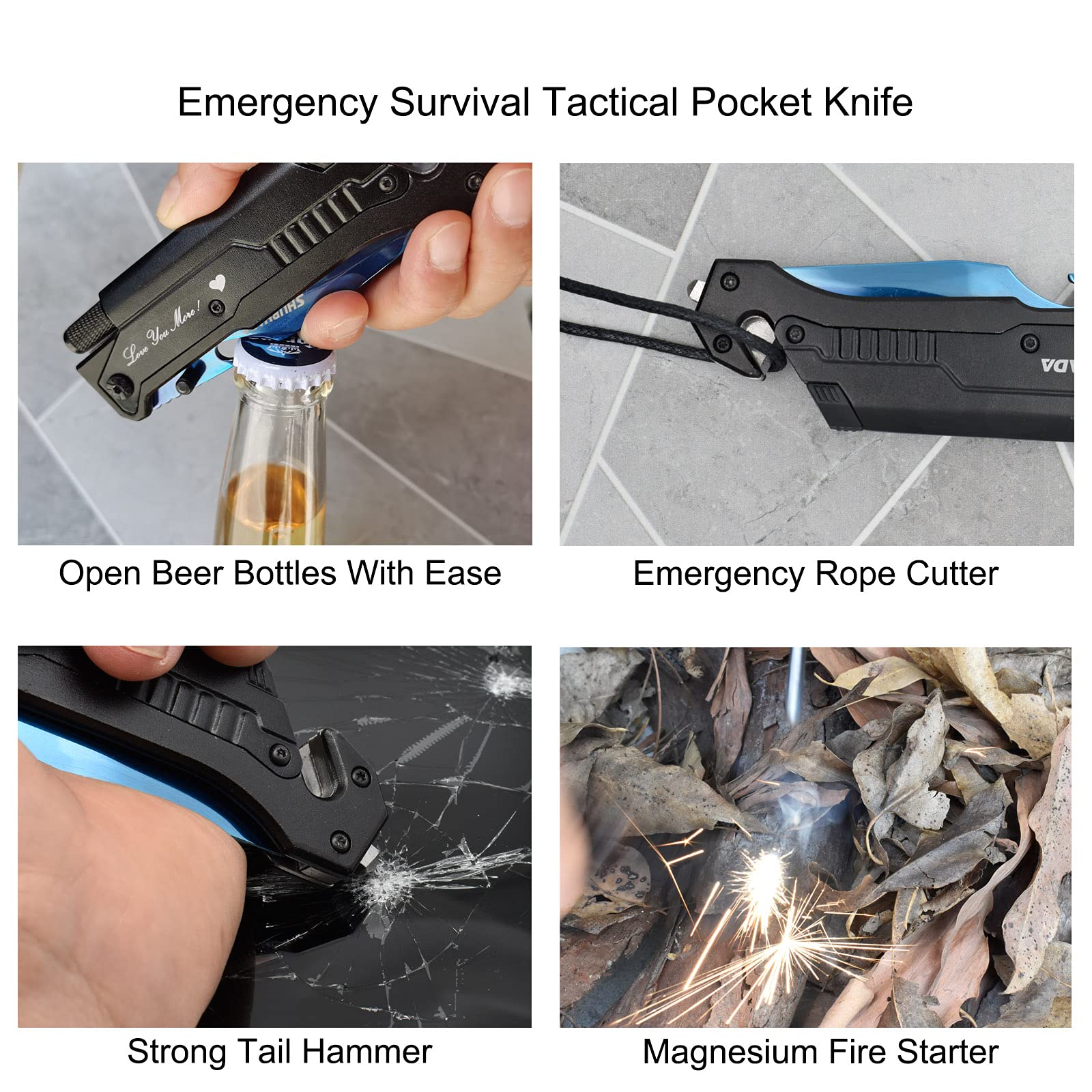 Blue Titanium Multi-Tool Pocket Knife - 12-in-1 Survival Knife with LED Light, Fire Starter, Seatbelt Cutter, Glass Breaker & Bottle Opener | Perfect Father's Gift, Camping, Hiking & Emergency Preparedness