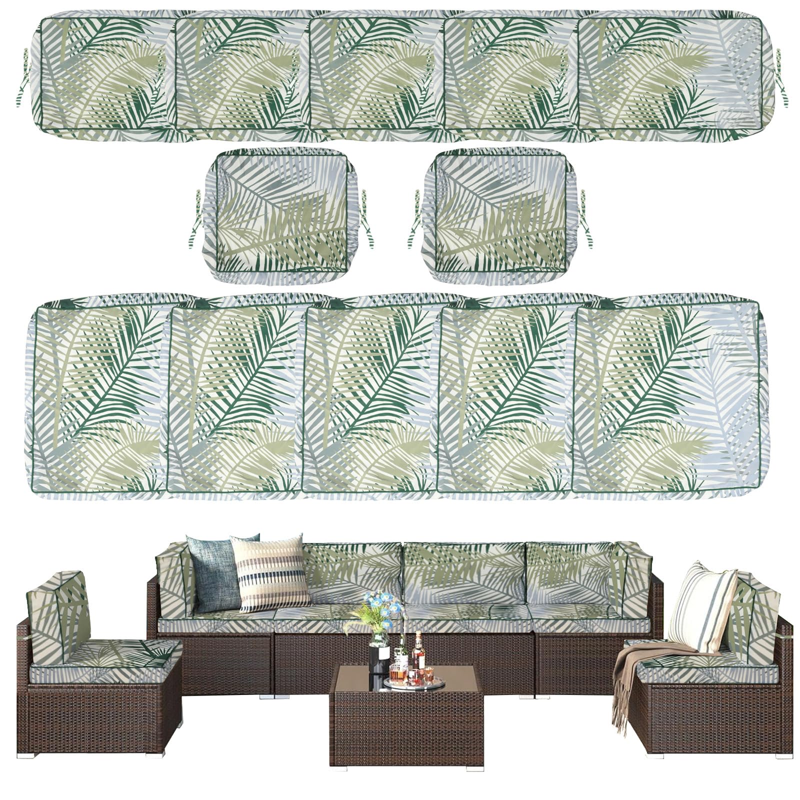 Waterproof Outdoor Cushion Covers for Patio Furniture - 12PC Washable Wicker Rattan Sofa Covers with Zipper & Ties (Bamboo Leaves) - Perfect for Sectional Sofas, Garden Chairs & Poolside Lounging