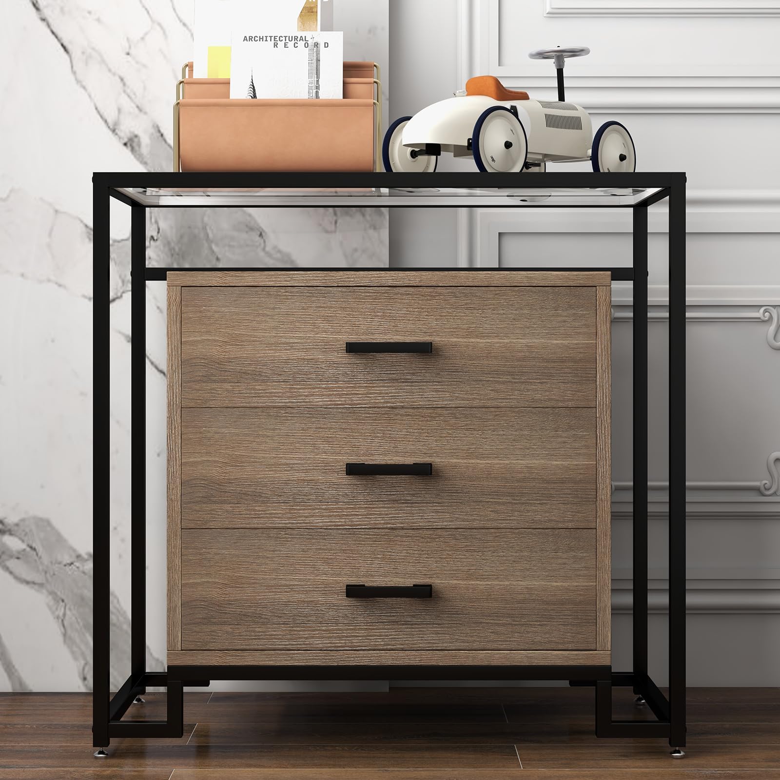 GARVEE 3-Drawer Wooden Dresser with Steel Frame & Tempered Glass Top - Modern Bedroom Storage Chest, Easy Assembly, Large Capacity | Perfect for Bedroom, Living Room, or Office Organization