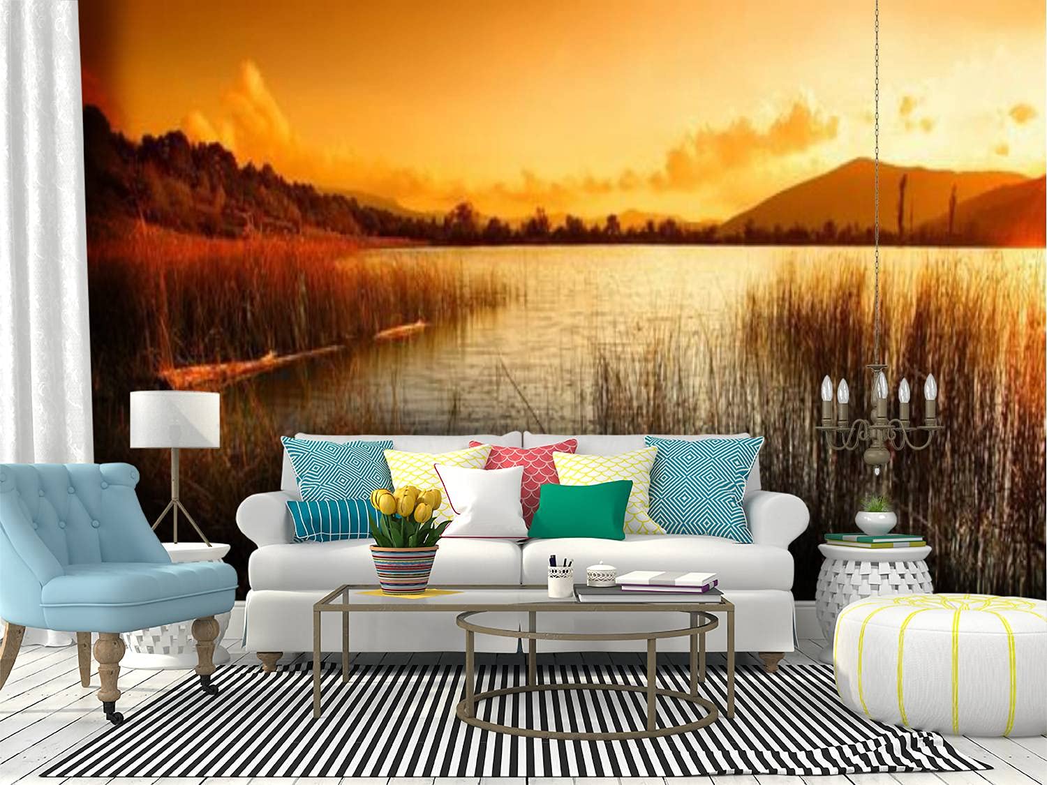 RECETHROWS Peel and Stick Wallpaper - Calm Evening Lake & Mountain Landscape Mural - Self-Adhesive Removable Vinyl Film for Home Decor | Perfect for Living Room, Bedroom, Nursery & Office Walls