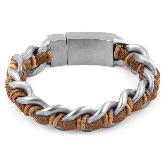 Stainless Steel Chain Brown Leather Bracelet for Men & Women - Durable Fashion Jewelry for Casual Wear, Gift Giving & Everyday Accessories