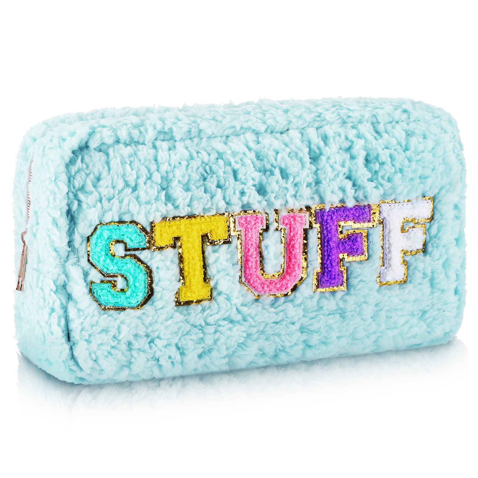 Soft Chenille Letter Cosmetic Bag - Small Portable Zippered Makeup Pouch for Women & Girls | Preppy Fleece Travel Organizer for Toiletries & Cosmetics (Blue) - Perfect for School, Gym, and Vacation