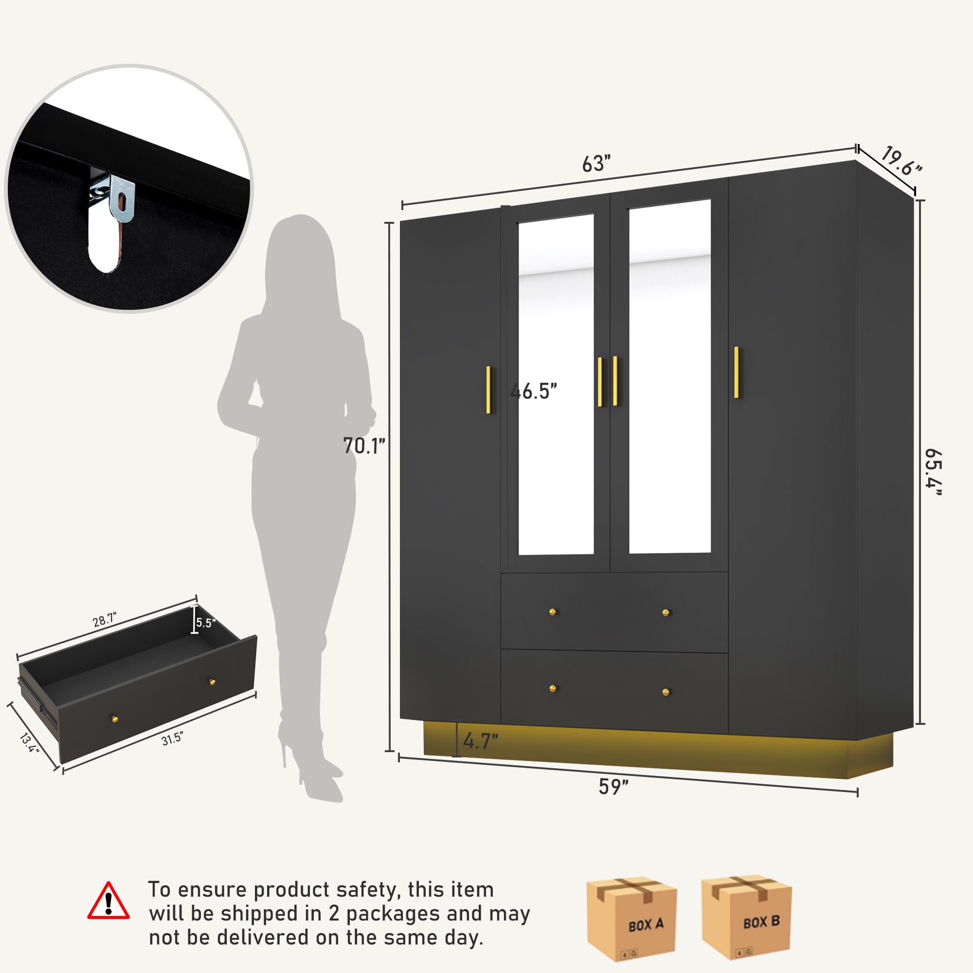 4 Door Wardrobe Closet with Mirrors & LED Lights - Modern Wooden Armoire with Drawers, Shelves & Hanging Rod for Bedroom Storage - Perfect for Closet Organization & Home Decor (Black)