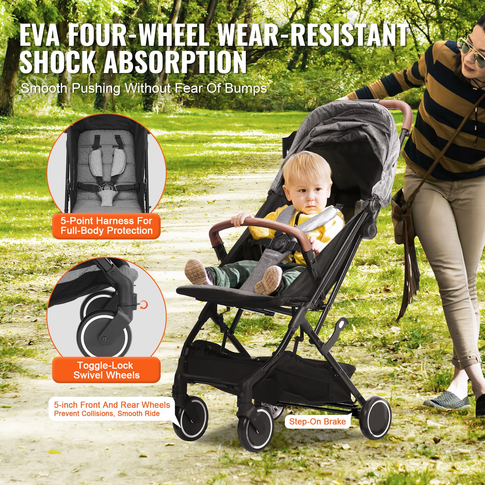 VEVOR Adjustable Baby Stroller for Newborns & Toddlers - Lightweight Travel Stroller with Reclining Backrest (95°-150°), Foldable Footrest (0°/90°), Cup Holder & Storage Bag - One-Click Folding Compact Stroller for Shopping, Travel & Daily Walks (Dark Grey)