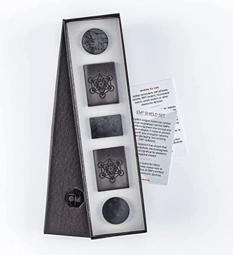Authentic Karelian Shungite Protection Plates for Cell Phones, Tablets, Laptops | Engraved Metatron’s Cube for Chakra & Energy Balance | Shungite Stone Stickers for Electronics | 5-Pack for Home, Office, and Travel Use