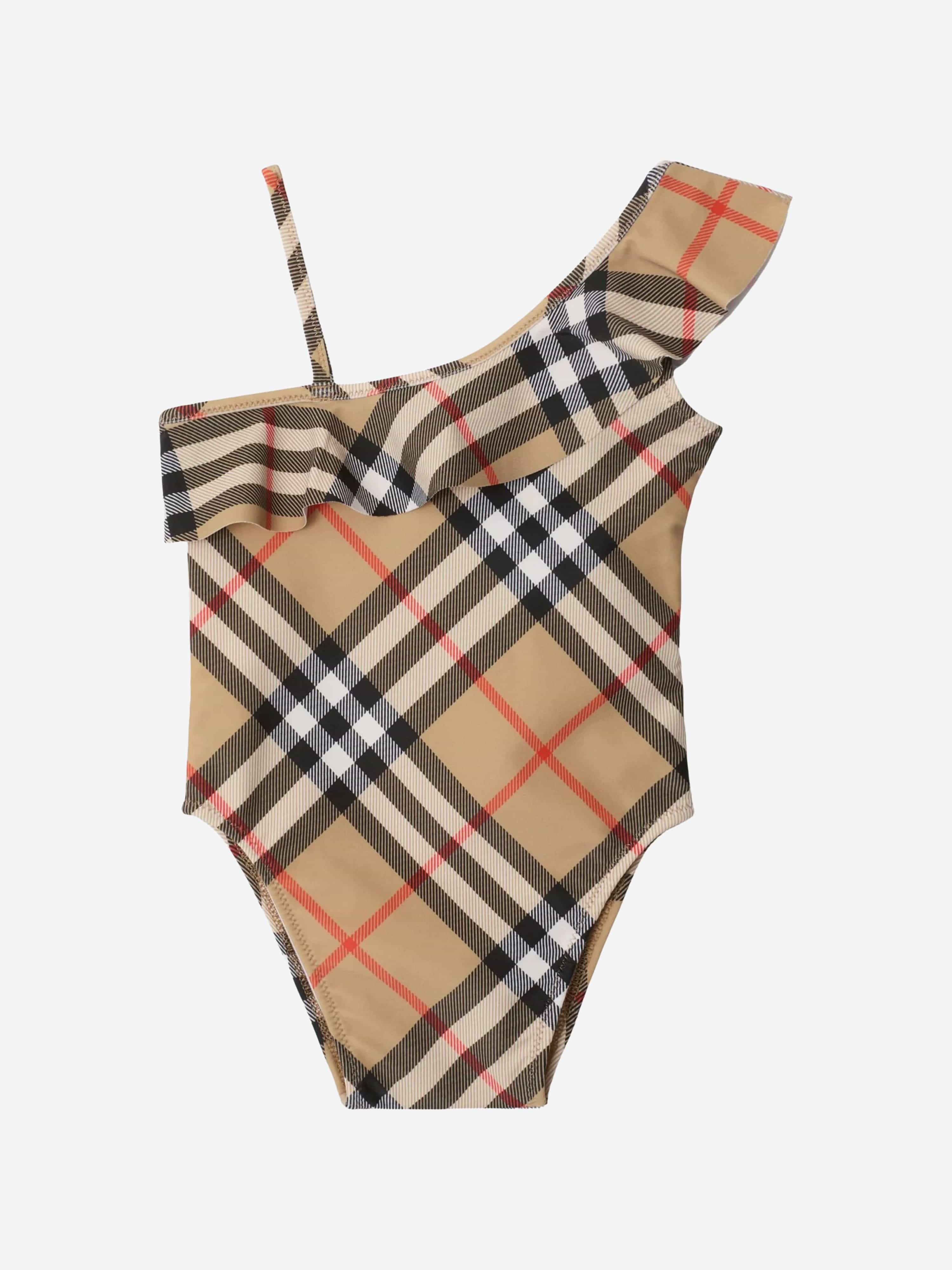 Baby Girls Check Mini Fern Swimsuit in Beige - Cute Toddler Swimwear for Beach, Pool & Summer Vacations