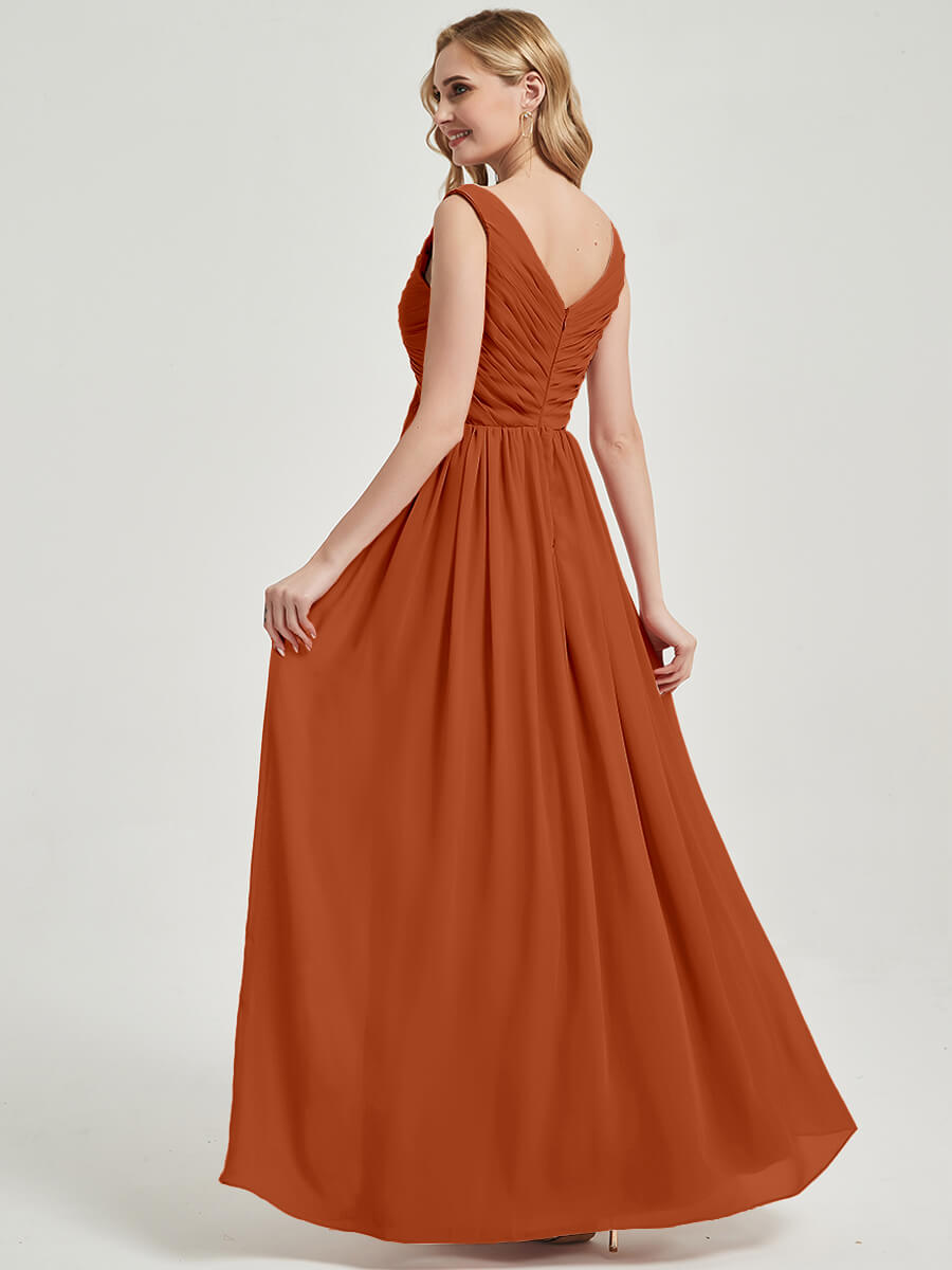 Elegant Burnt Orange V-Neck Sleeveless Empire Waist Chiffon Bridesmaid Dress - Perfect for Weddings, Formal Events & Special Occasions